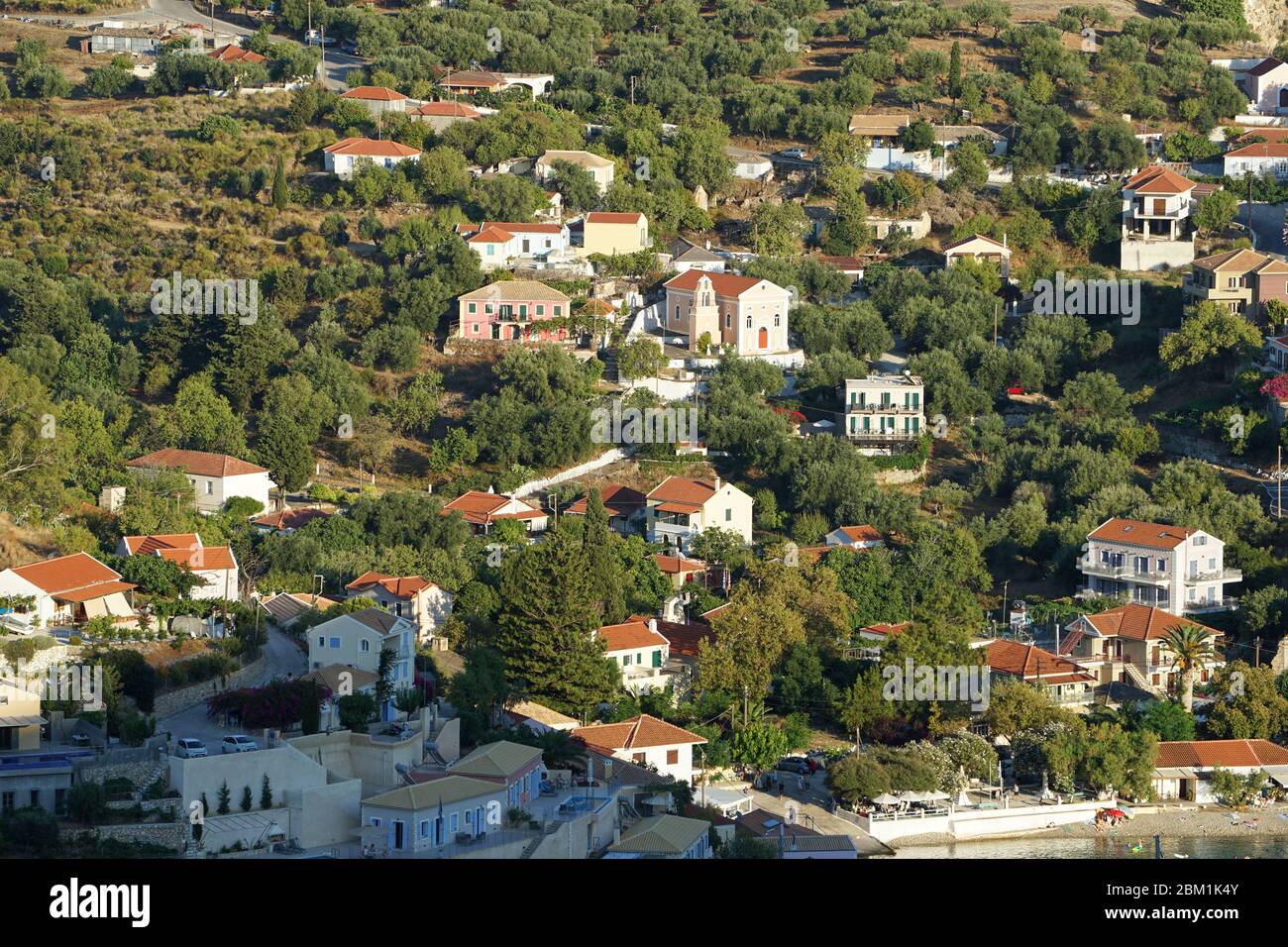 Aerial panorama of Asos village, Kefalonia (Cephalonia) Island, Ionian Sea, Mediterranean, Greece Stock Photo