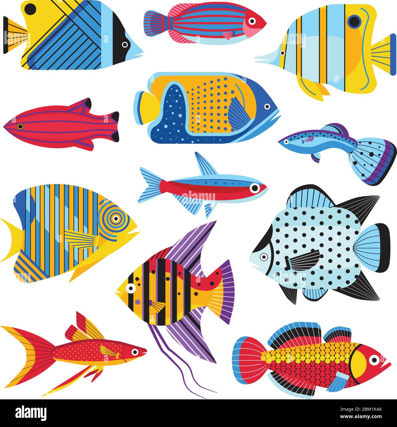 Colorful Tropical Aquarium Fishes Set in Flat Stock Vector