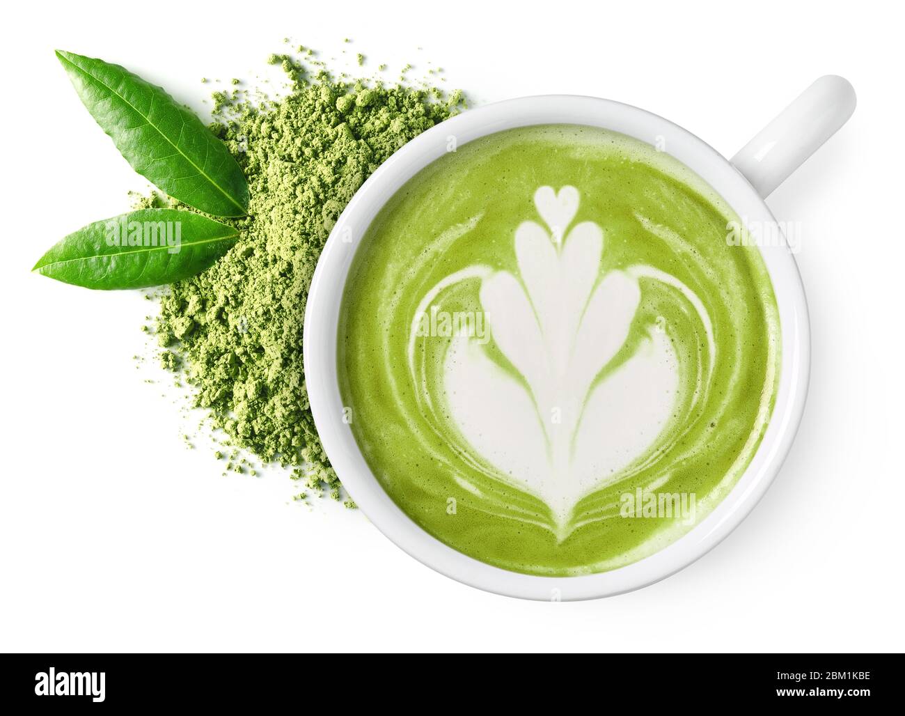 Cup of green tea matcha latte foam art with powder and fresh leaves isolated on white background, top view Stock Photo