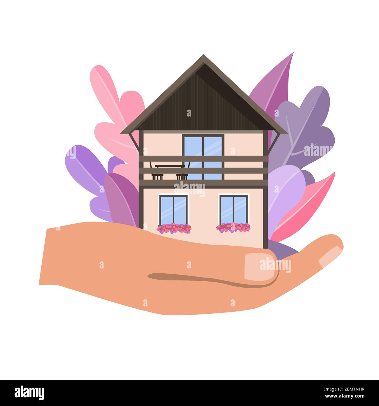 Hand holding cosy home house in palm. Vector illustration. Modern flat leaves backgropund, dream home concept Stock Vector