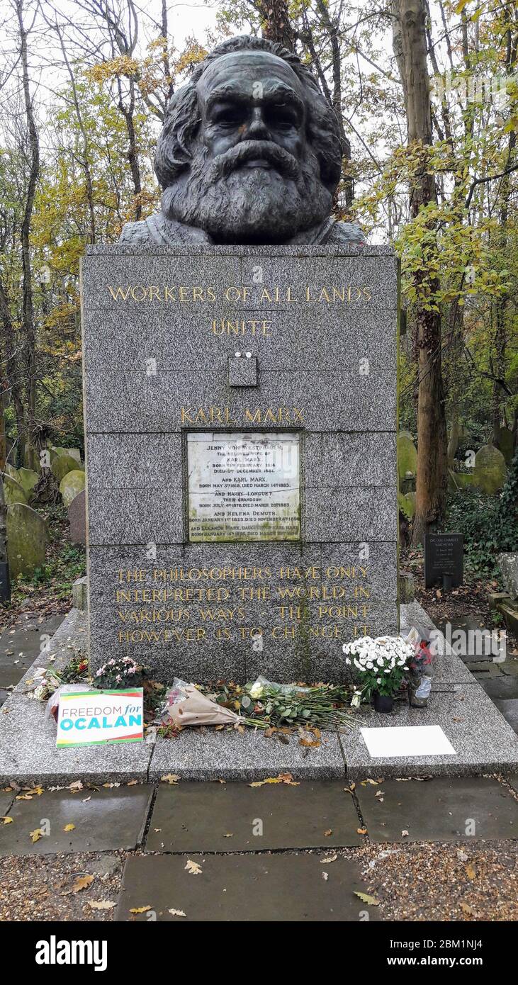 Karl Marx tomb, Highgate Cemetery East, London.The tomb of the famous philosopher where his wife and other family members are buried. Stock Photo