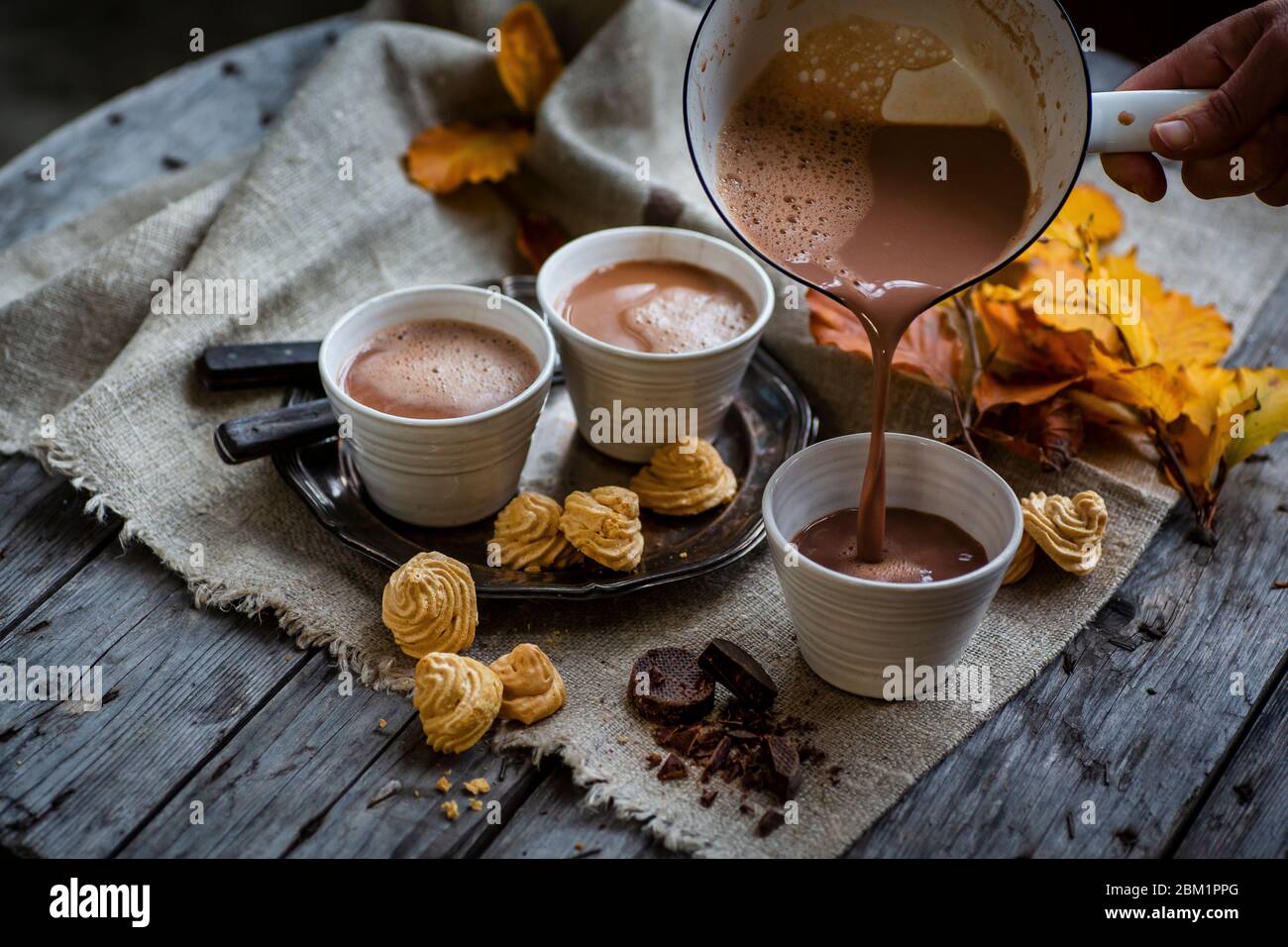 Hot chocolate is pouring from pan to a cup. Tasty setup with cups and hot chocolate and autumn colors. Stock Photo