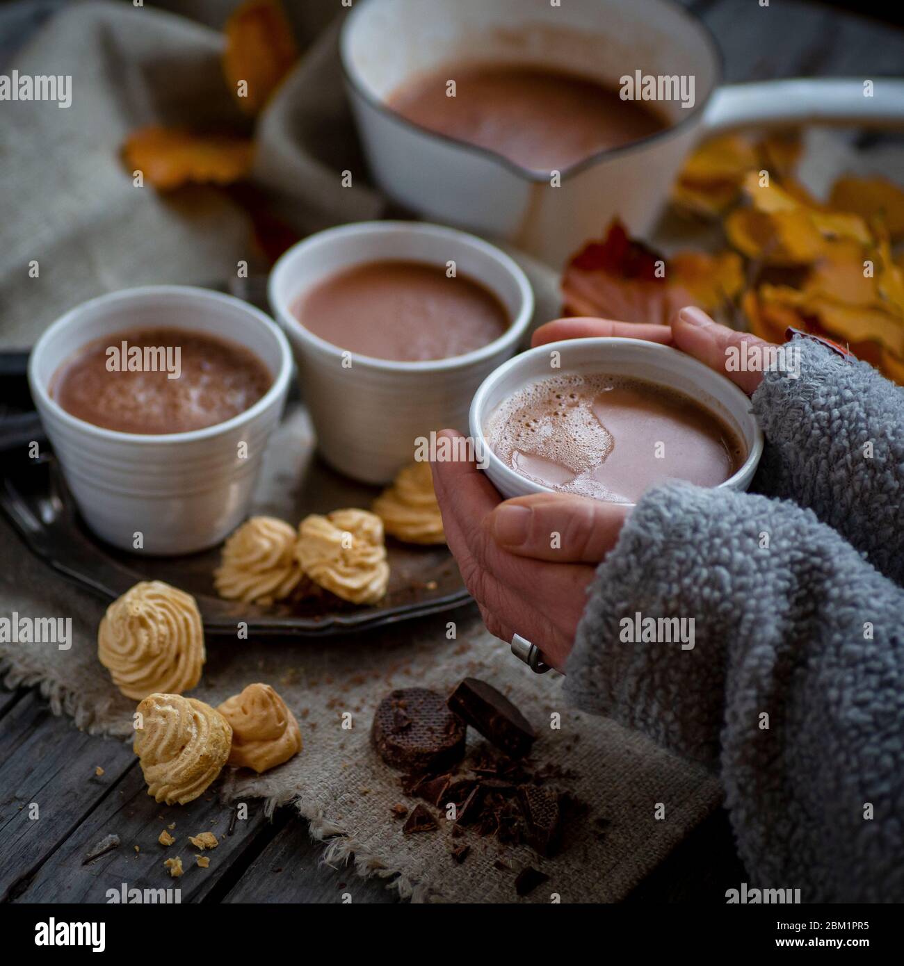 Tasty setup with cups and hot chocolate and autumn colors. Female hands holding one of the cups. Stock Photo