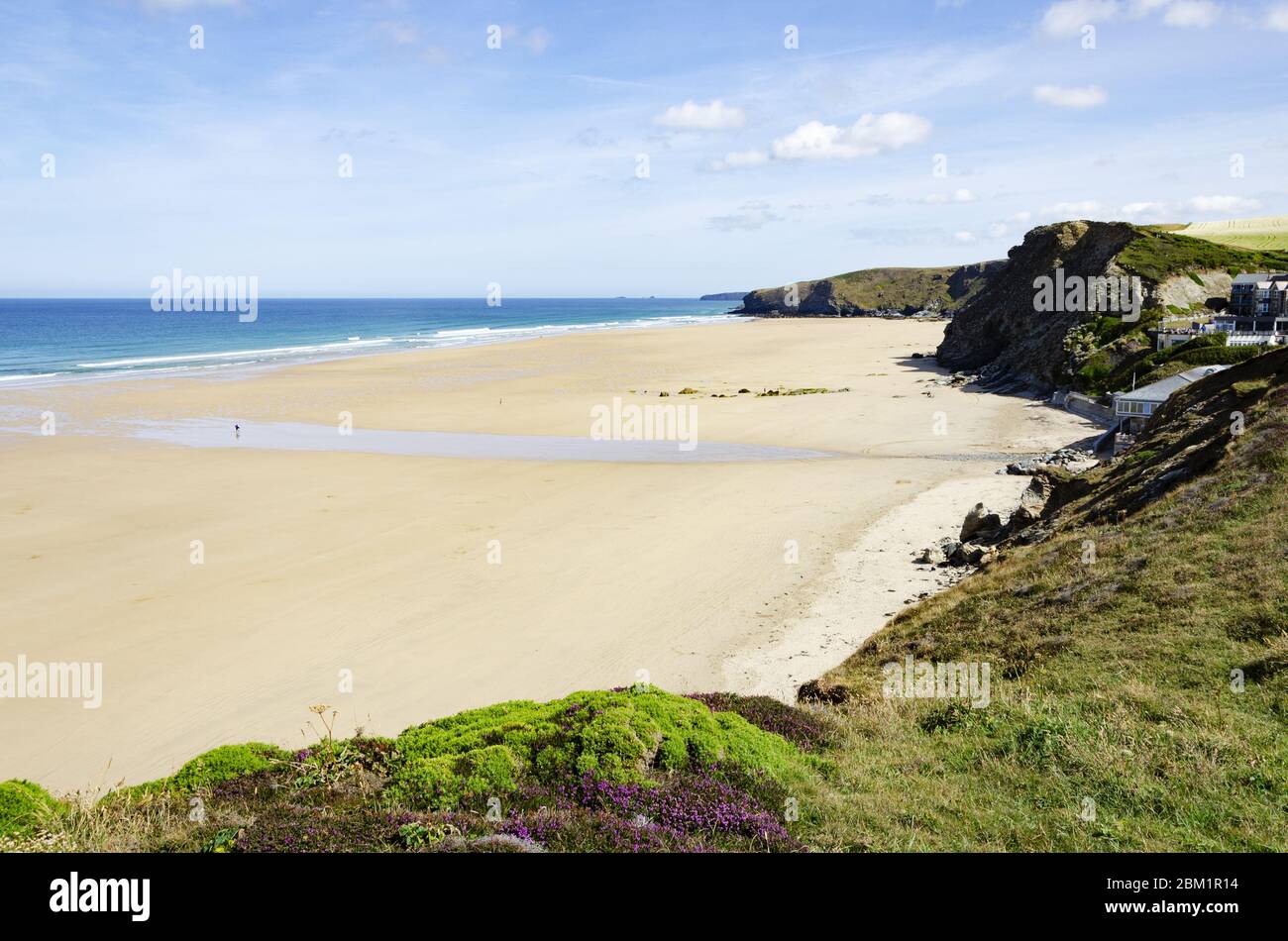deserted empty vast beach due to coronavirus covid 19 at watergate bay, cornwall, england, britain. Stock Photo