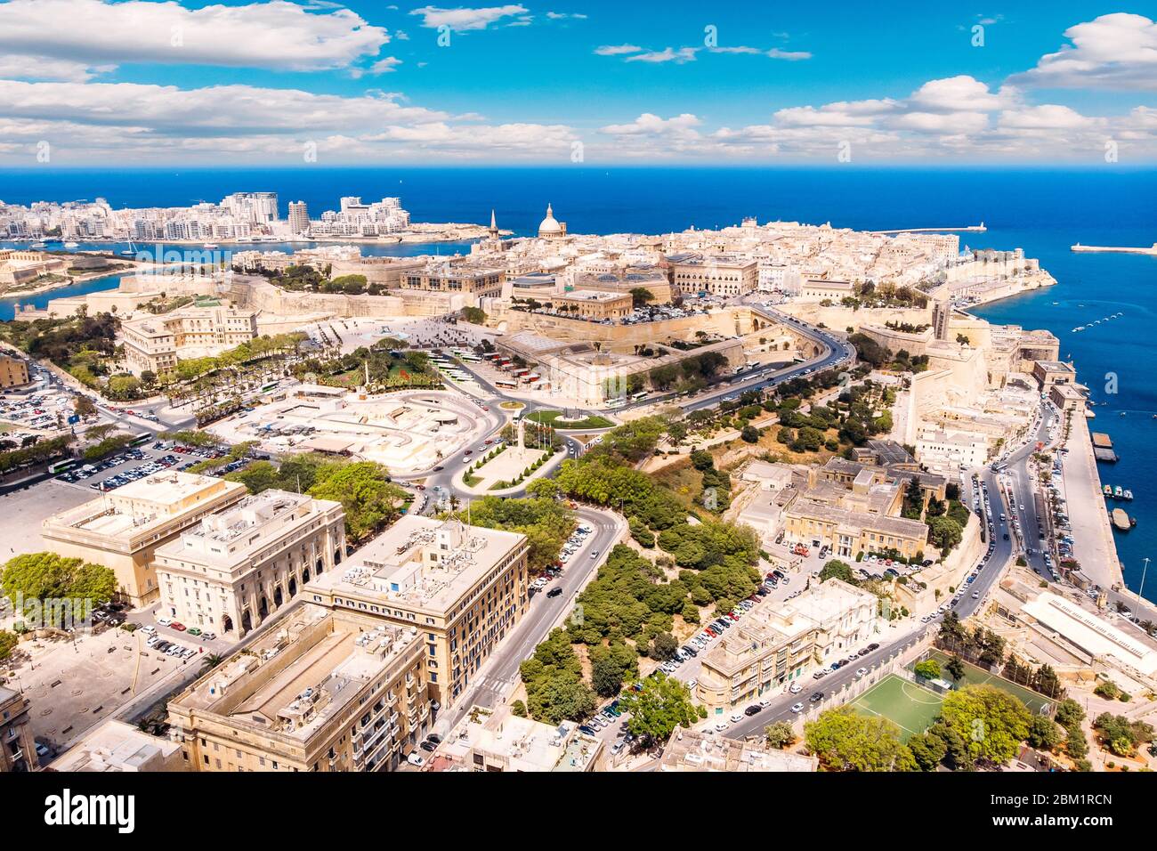 Valletta capital city of Malta. Panorama port and blue sea. Aerial top ...