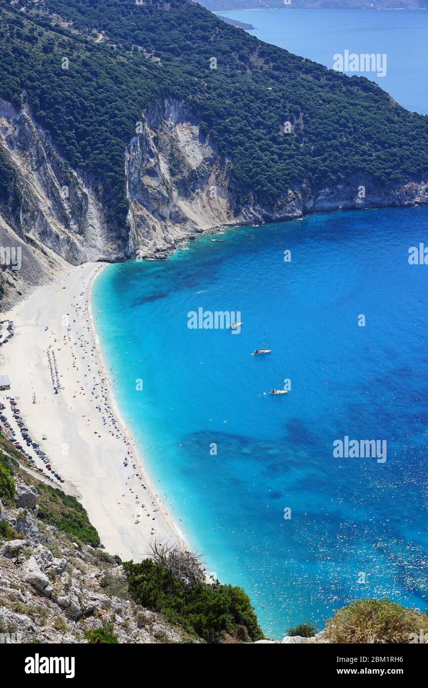 Aerial panorama of famous Myrtos Beach, Kefalonia (Cephalonia) Island, Ionian Sea, Mediterranean, Greece Stock Photo
