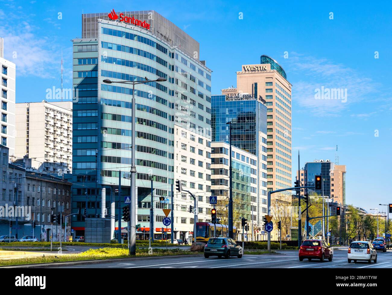 Warsaw, Mazovia / Poland - 2020/05/02: Panoramic view of Srodmiescie downtown district with Rondo ONZ roundabout and surrounding office buildings alon Stock Photo