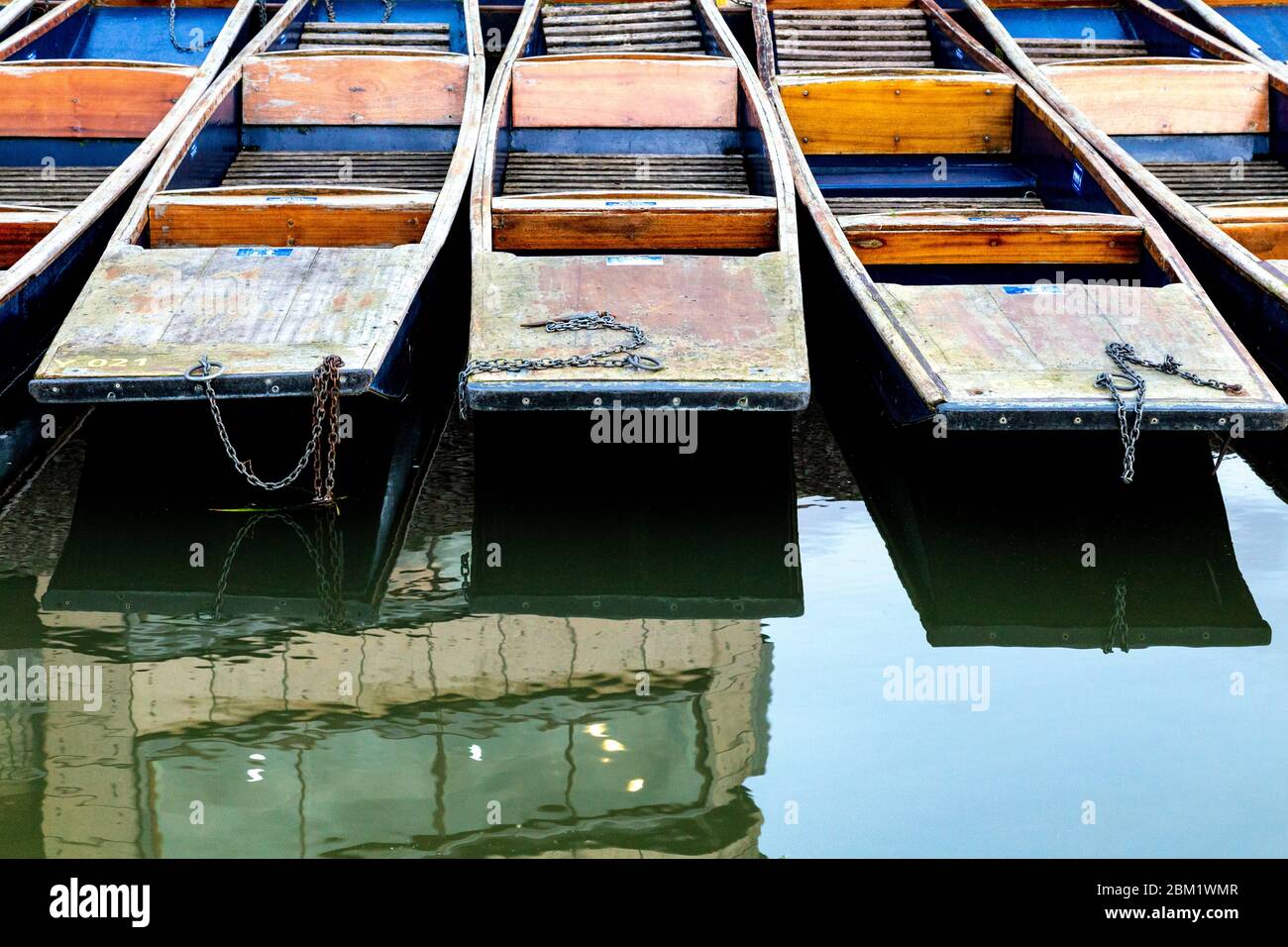 Punting boats moored on the River Cam, Cambridge, UK Stock Photo