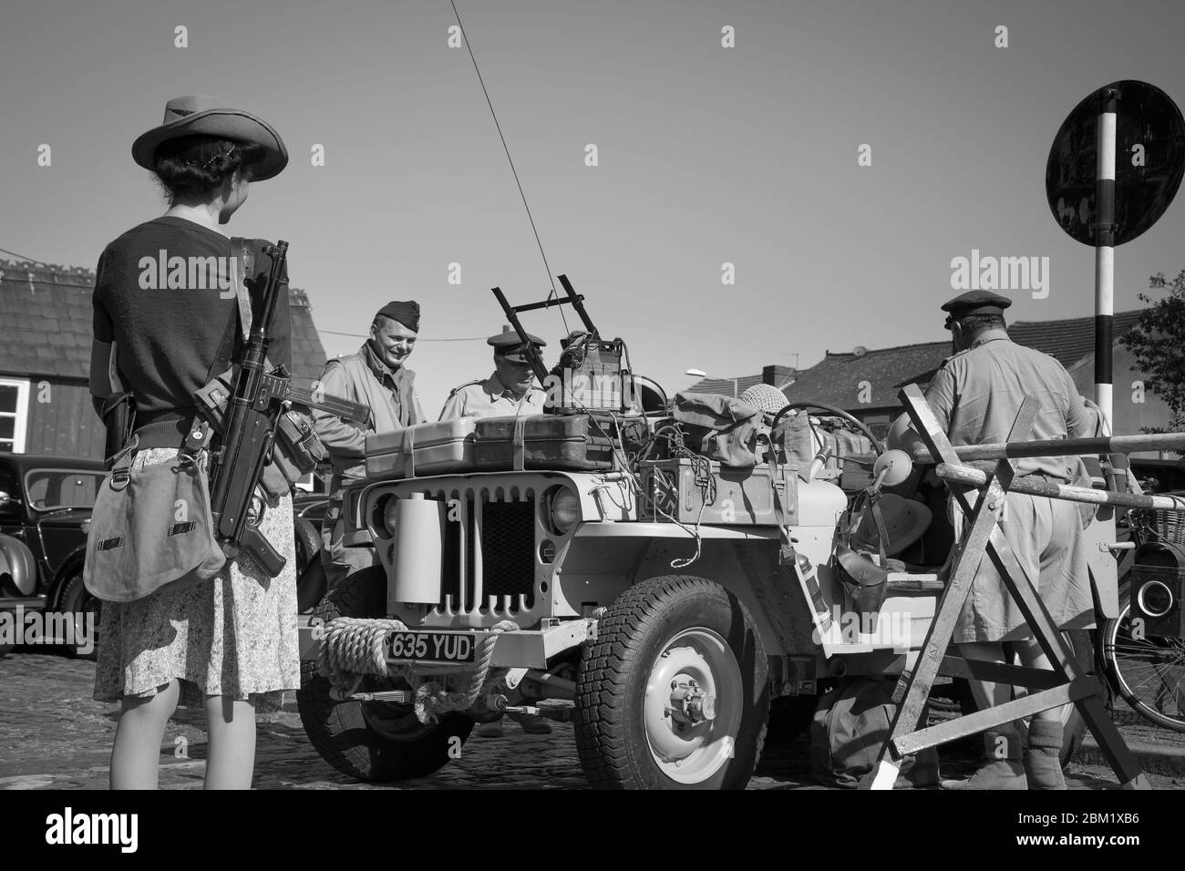 Monochrome front view of Willy's MB jeep, U.S.Army military vintage jeep on display Severn Valley Railway 1940s wartime WWII summer event, UK. Stock Photo