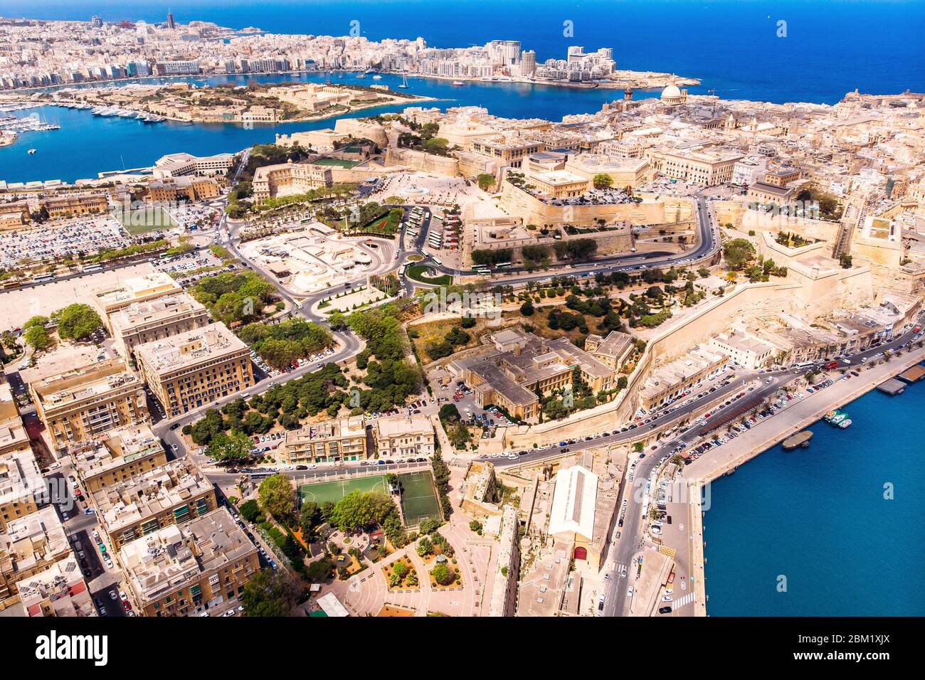 Valletta capital city of Malta. Panorama port and blue sea. Aerial top ...