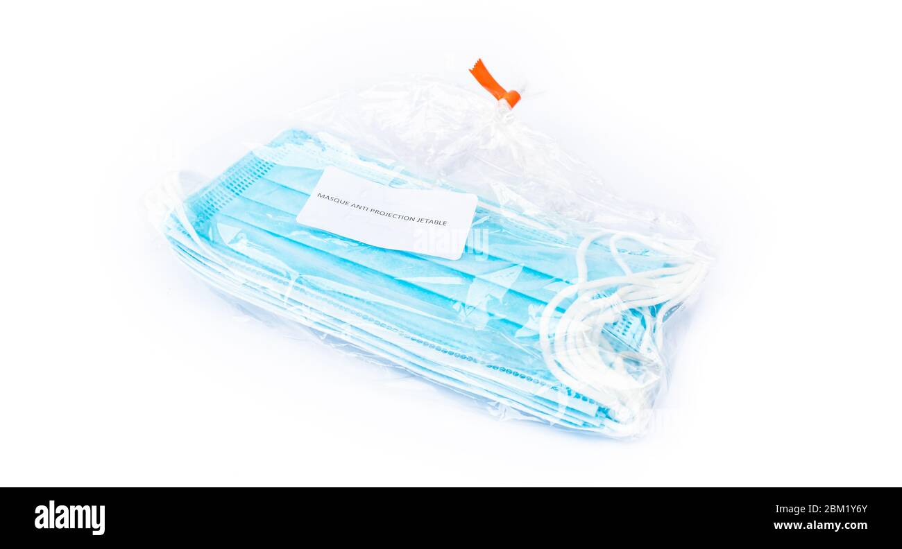 bag of disposable personal protective masks. Written in french Disposable  Anti-Projection Mask (Masque Anti Projection Jetable) - used in COVID-19  glo Stock Photo - Alamy