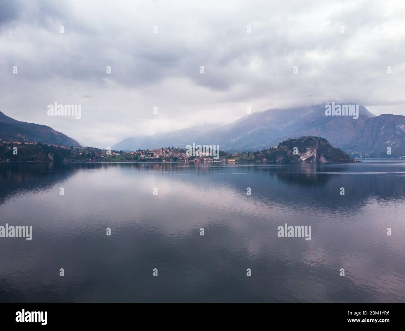 Cloudy Lake Como, Italy. Aerial top view Stock Photo