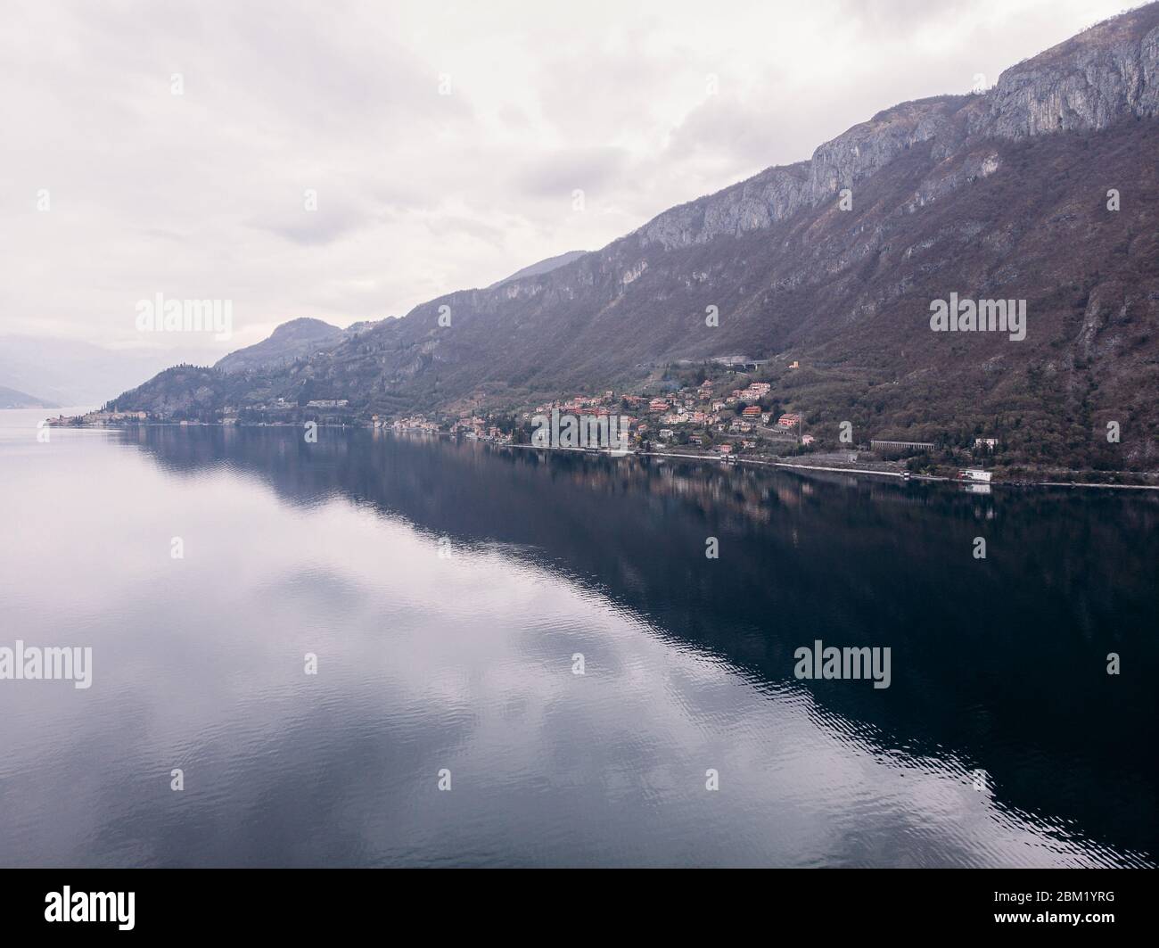 Cloudy Lake Como, Italy. Aerial top view Stock Photo