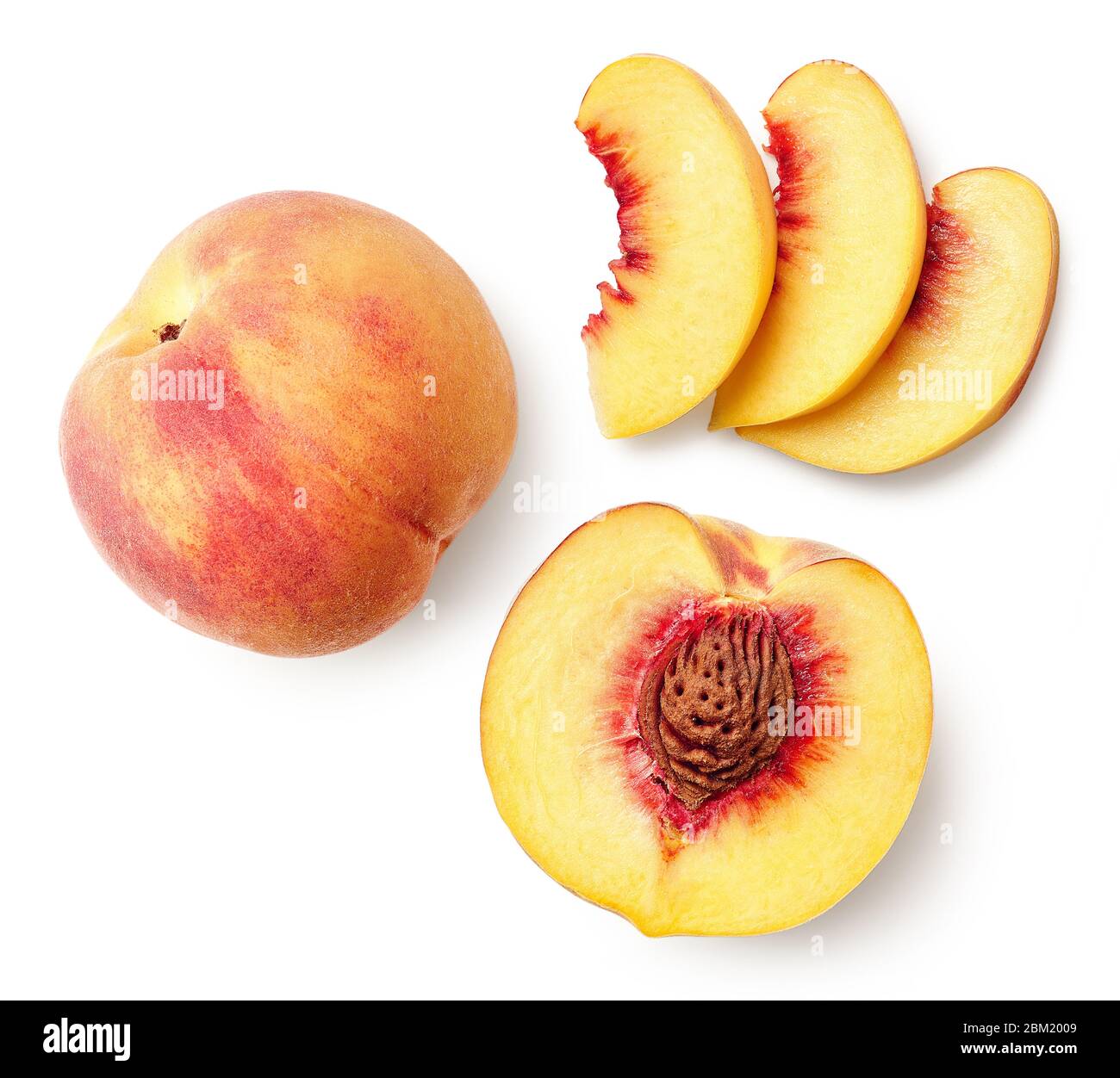 Fresh ripe whole, half and sliced peach isolated on white background, top  view Stock Photo - Alamy
