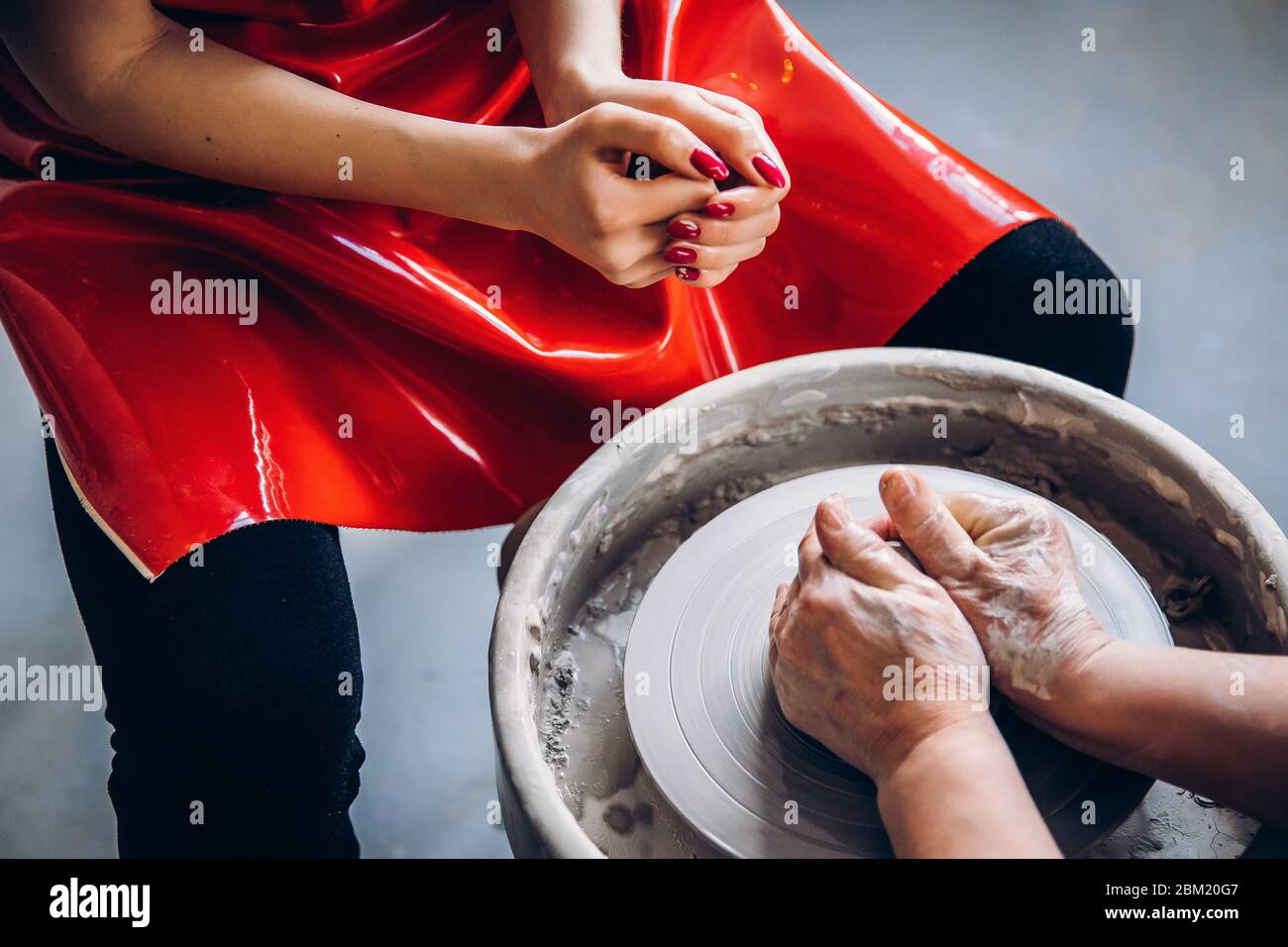 Workshop on clay modeling on potter wheel Stock Photo