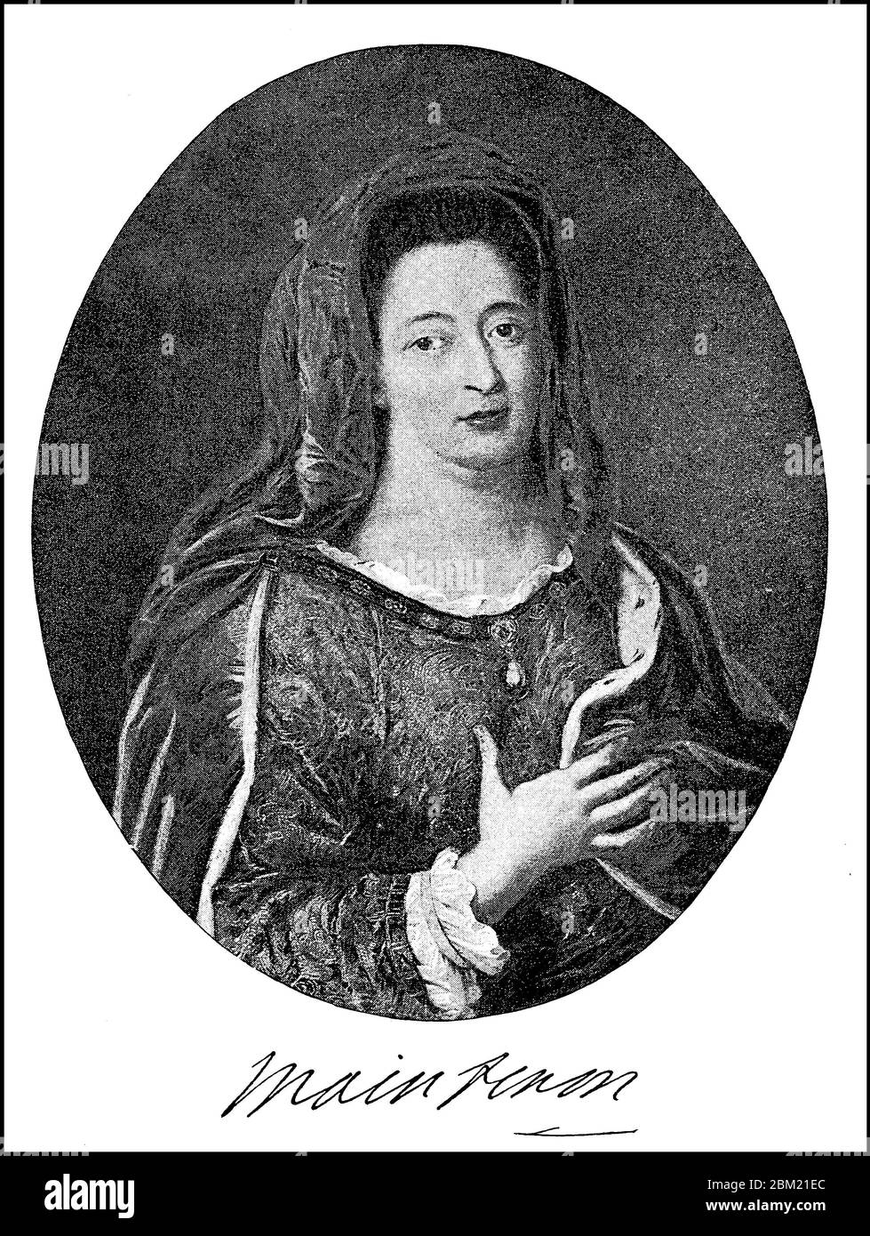 Françoise d'Aubigné, married Madame Scarron, from 1688 Marquise de Maintenon, called Madame de Maintenon, 27 November 1635 - 15 April 1719 applies, the last mistress of Louis XIV of France, and was probably from 1683, in an always. secret morganatic marriage his second wife  /  Françoise d’Aubigné, verheiratete Madame Scarron, ab 1688 Marquise de Maintenon, genannt Madame de Maintenon, 27. November 1635 - 15. April 1719, gilt als letzte Mätresse Ludwigs XIV. von Frankreich, und war, wohl ab 1683, in einer stets geheim gehaltenen morganatischen Ehe seine zweite Gemahlin, Historisch, historical, Stock Photo