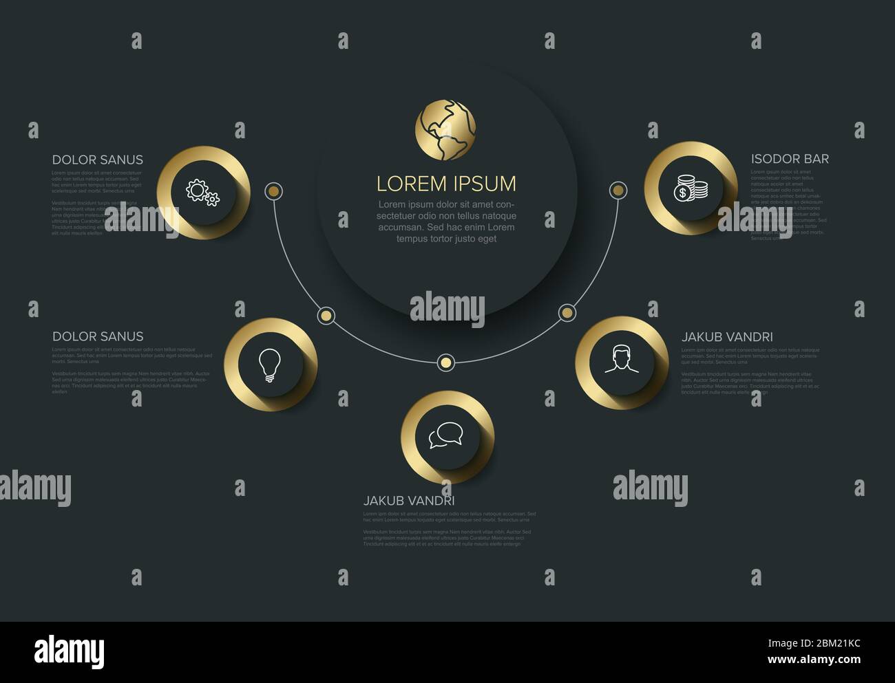 Vector multipurpose Infographic template with title and five elements options - golden on a dark  background Stock Vector