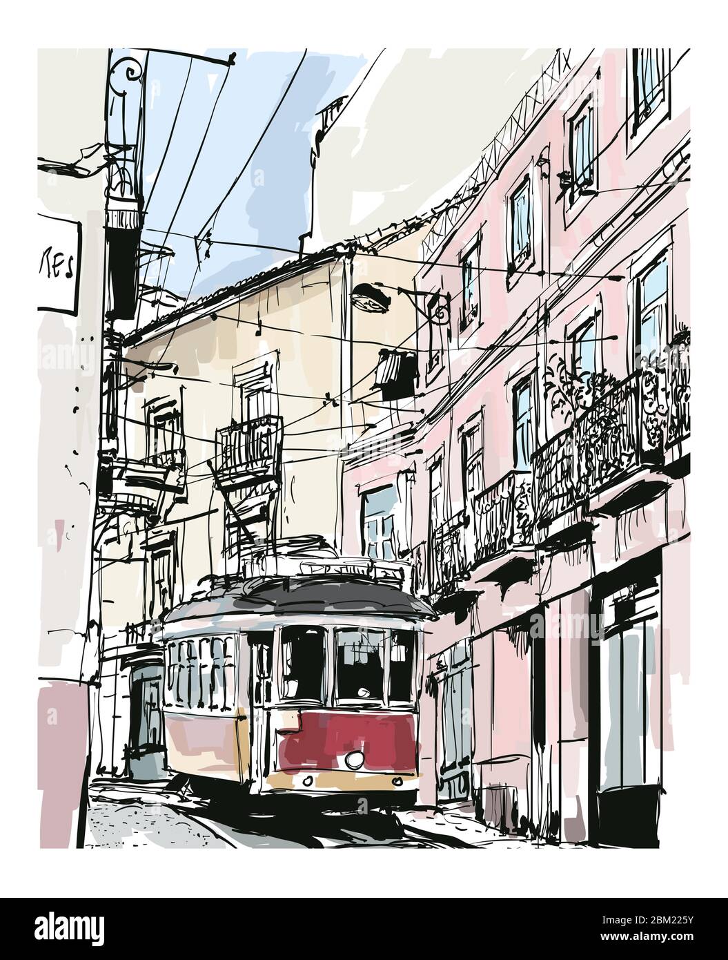 Street view with famous old tram in Lisbon city, Portugal - vector illustration (Ideal for printing on fabric or paper, poster or wallpaper, house dec Stock Vector