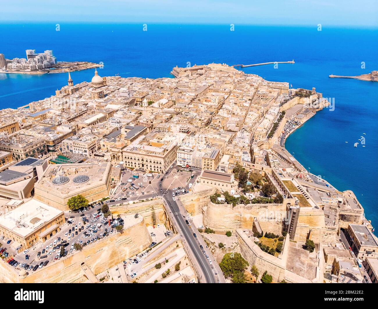 Valletta capital city of Malta. Panorama port and blue sea. Aerial top ...