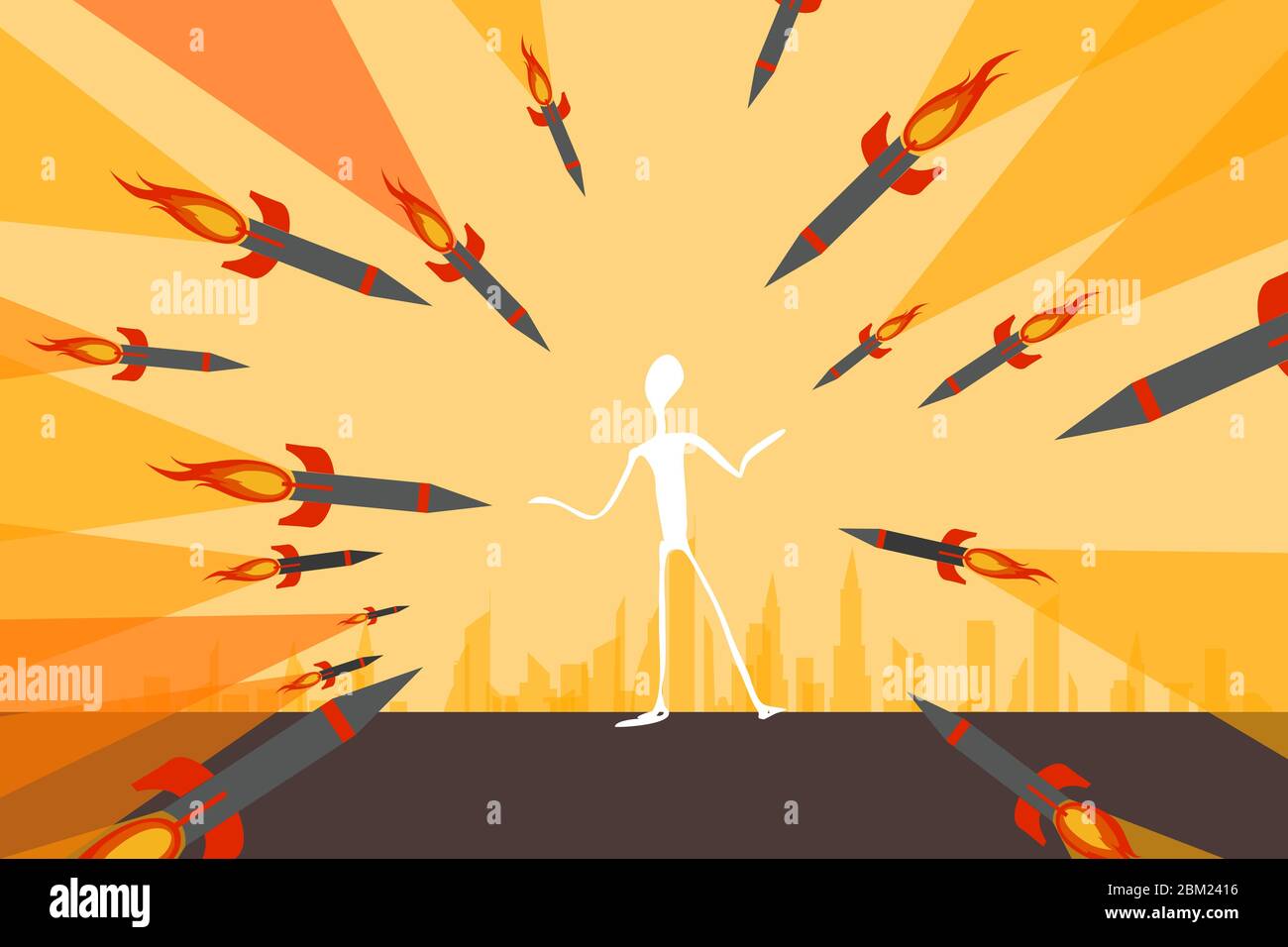 Calm person in a stressful situation, risk management and emergency management, concept. Many missiles and warheads aimed at one man, cartoon style. Stock Vector