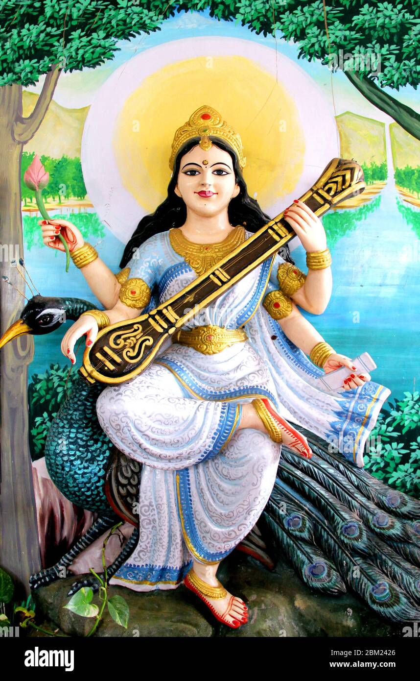 Goddess Saraswati of Knowledge, Arts and Music, Wisdom and Nature Stock Photo
