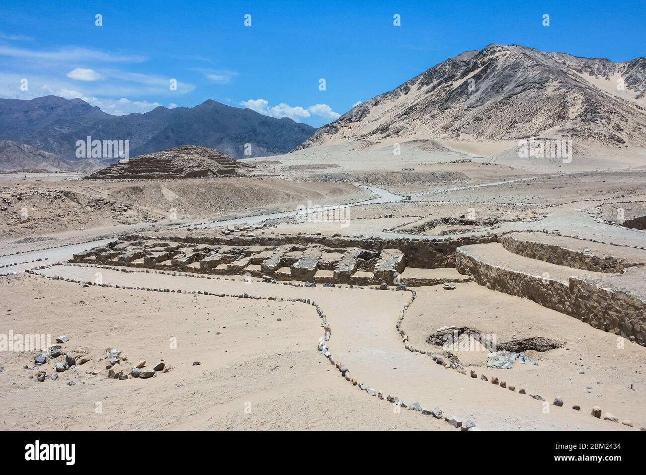 The ancient archaeological site of Caral, near Supe, Barranca Province, Peru. Caral is a UNESCO world heritage site Stock Photo