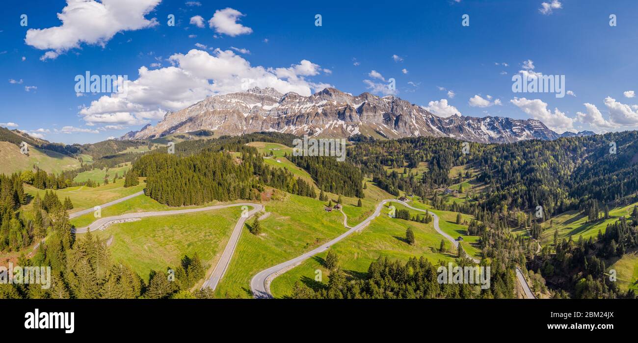 Aerail view of the Säntis (or Santis) mountain range landscape and schwägalp pass in Canton Appenzell in Switzerland on a sunny spring day Stock Photo