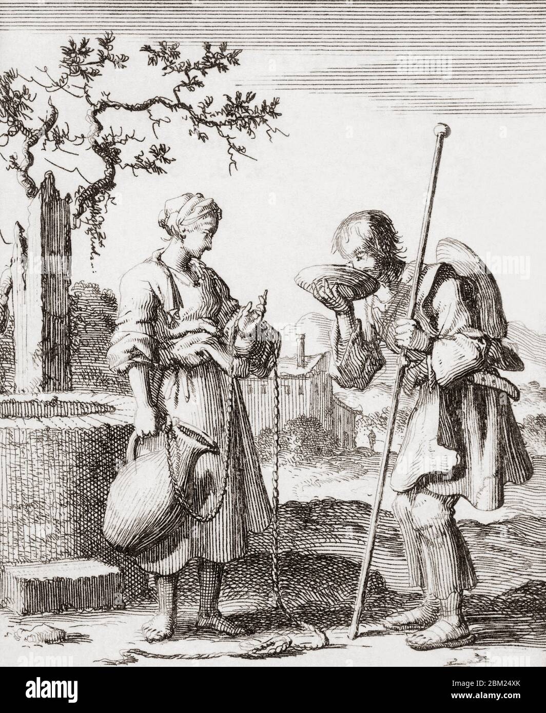A woman gives a Christian pilgrim a drink of water.  After an etching dated 1687 by Jan Luyken. Stock Photo
