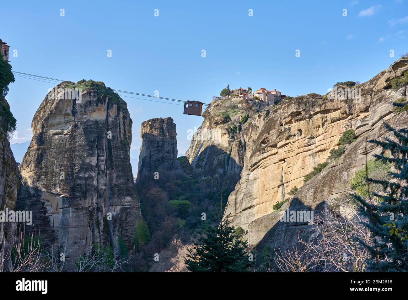Cable car for transportation at Eastern Orthodox monasteries of Meteora, Kalabaka, Greece Stock Photo