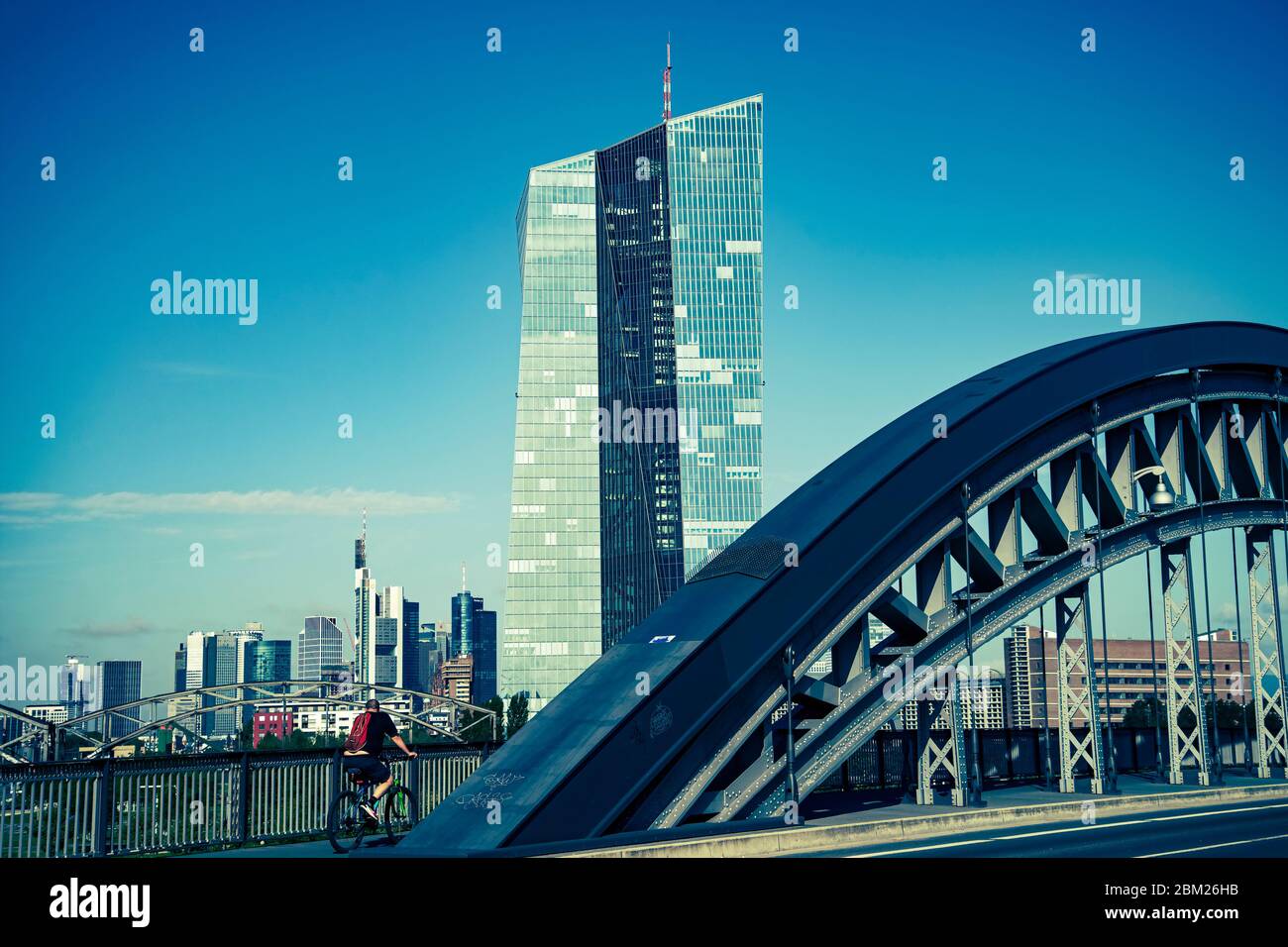 View from the Osthafen Bridge to the European Central Bank (ECB) with the skyline of Frankfurt in the background Stock Photo