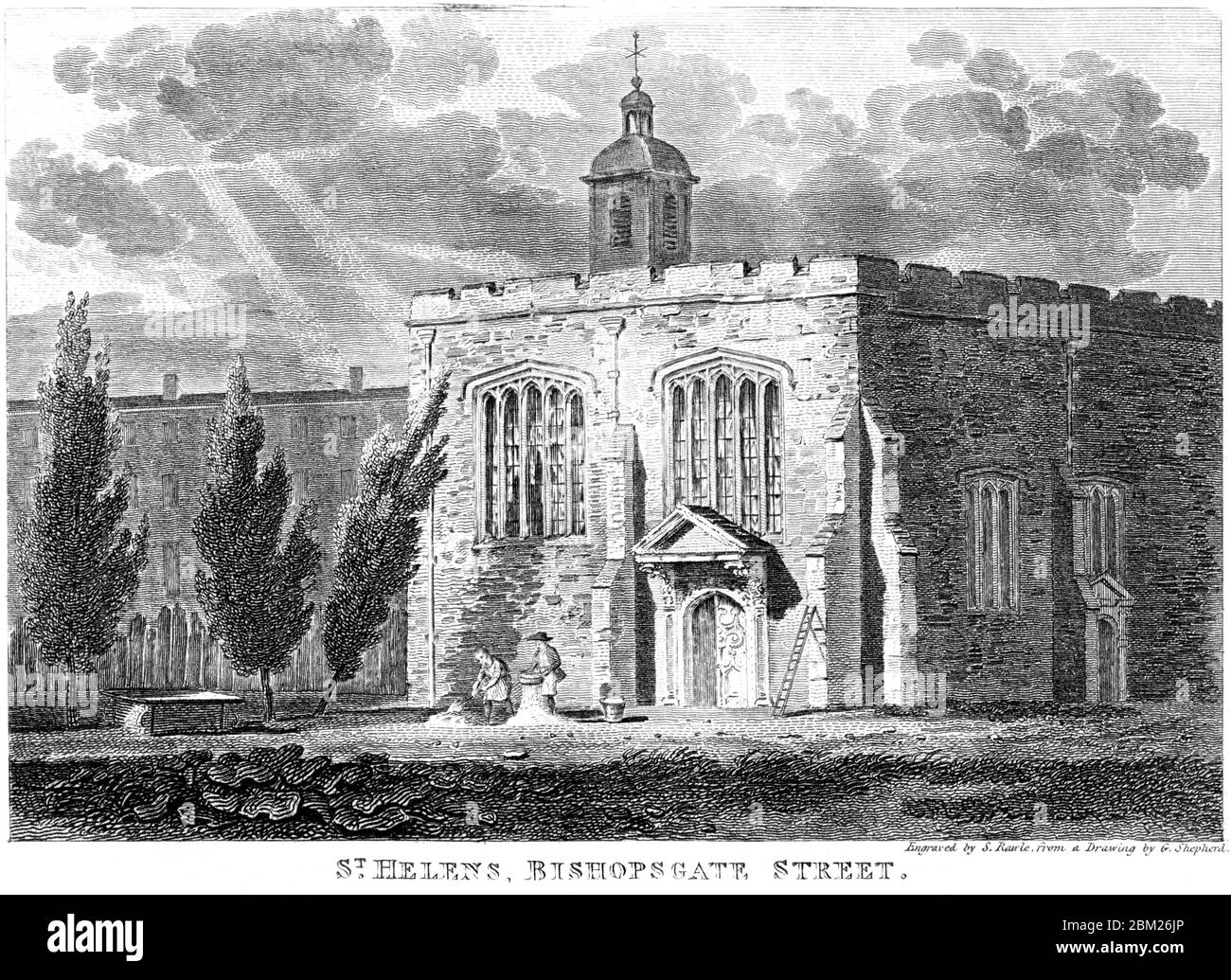 An engraving of St Helens church, Bishopsgate Street scanned at high resolution from a book printed in 1827. Believed copyright free. Stock Photo