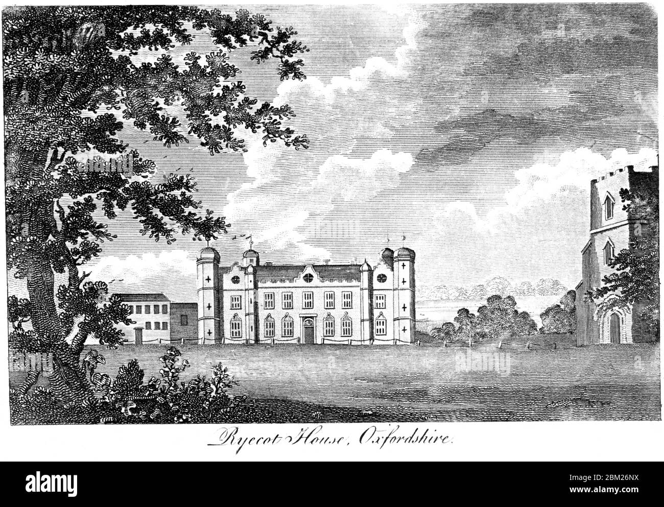 An engraving of Ryecot House (Rycote House) Oxfordshire scanned at high resolution from a book printed in 1827. Believed copyright free. Stock Photo