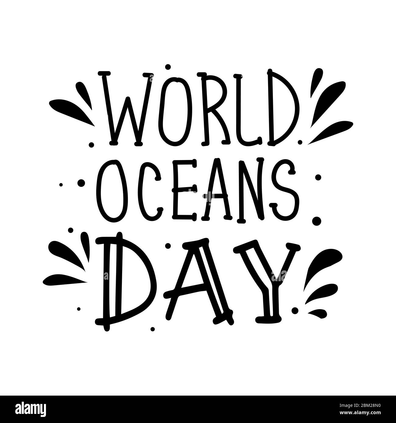 World Oceans day text hand drawn lettering isolated. Design template. Greeting card for Ocean day celebration. Vector outline illustration. Stock Vector