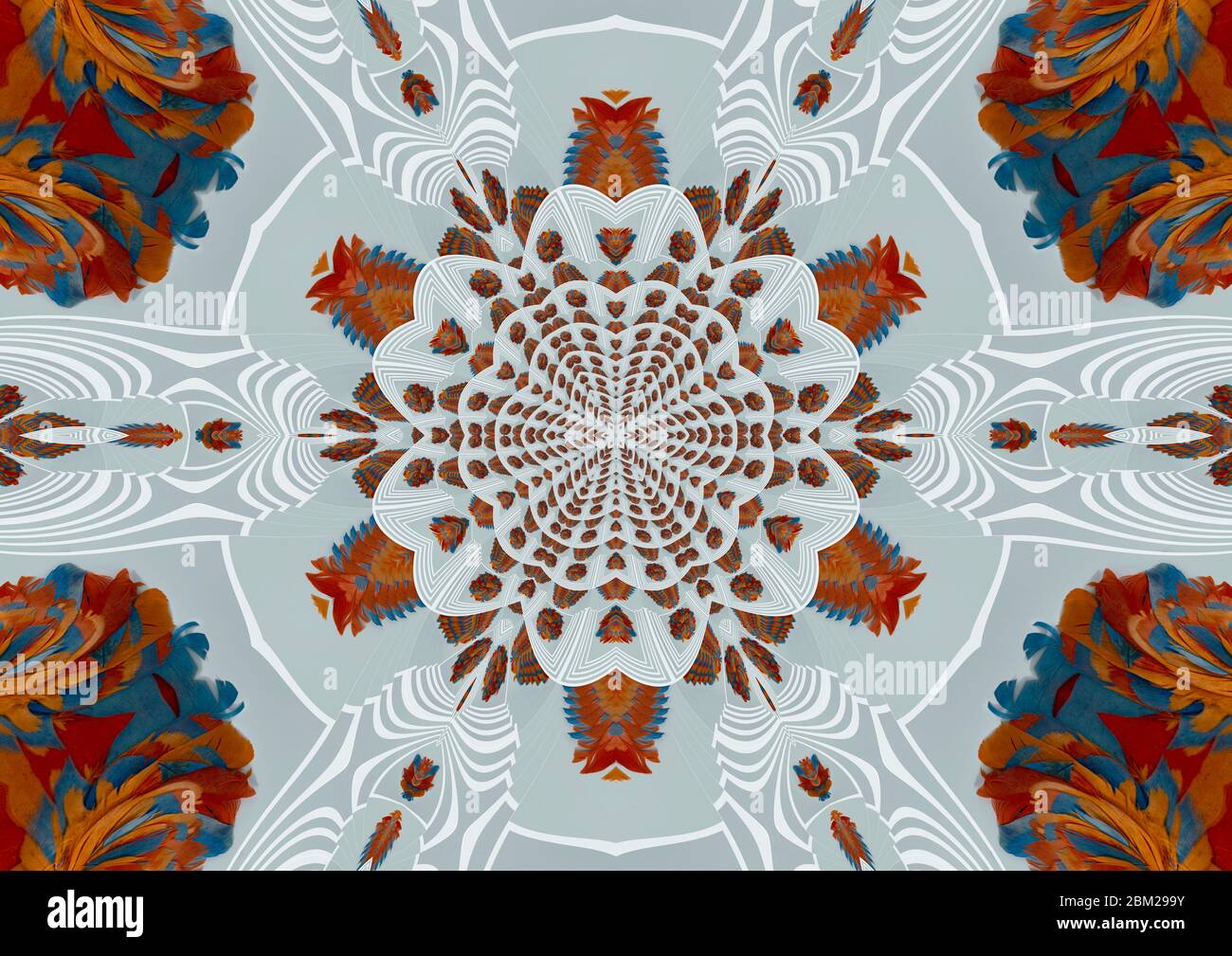 These striking mandalas were inspired by a work in the Rijksmuseum in Amsterdam called a Cockade of feathers in the colours orange and blue. Stock Photo