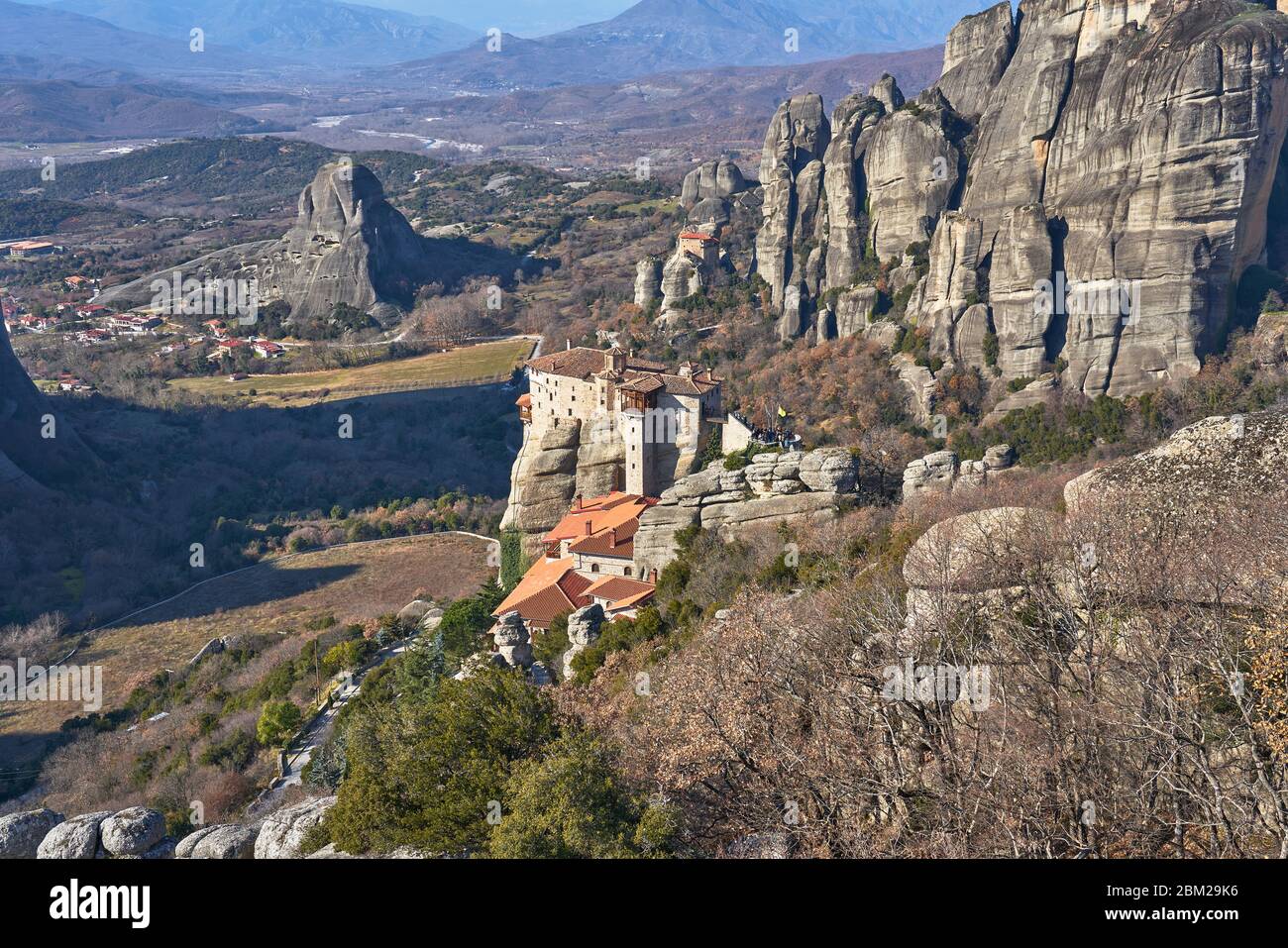 Panorama of Eastern Orthodox monasteries of Meteora, Kalabaka, Greece Stock Photo