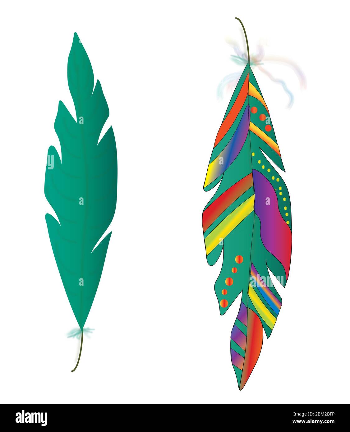 Colorful graphic feathers isolated on white background.  Native American Indian feathers. Stock Photo
