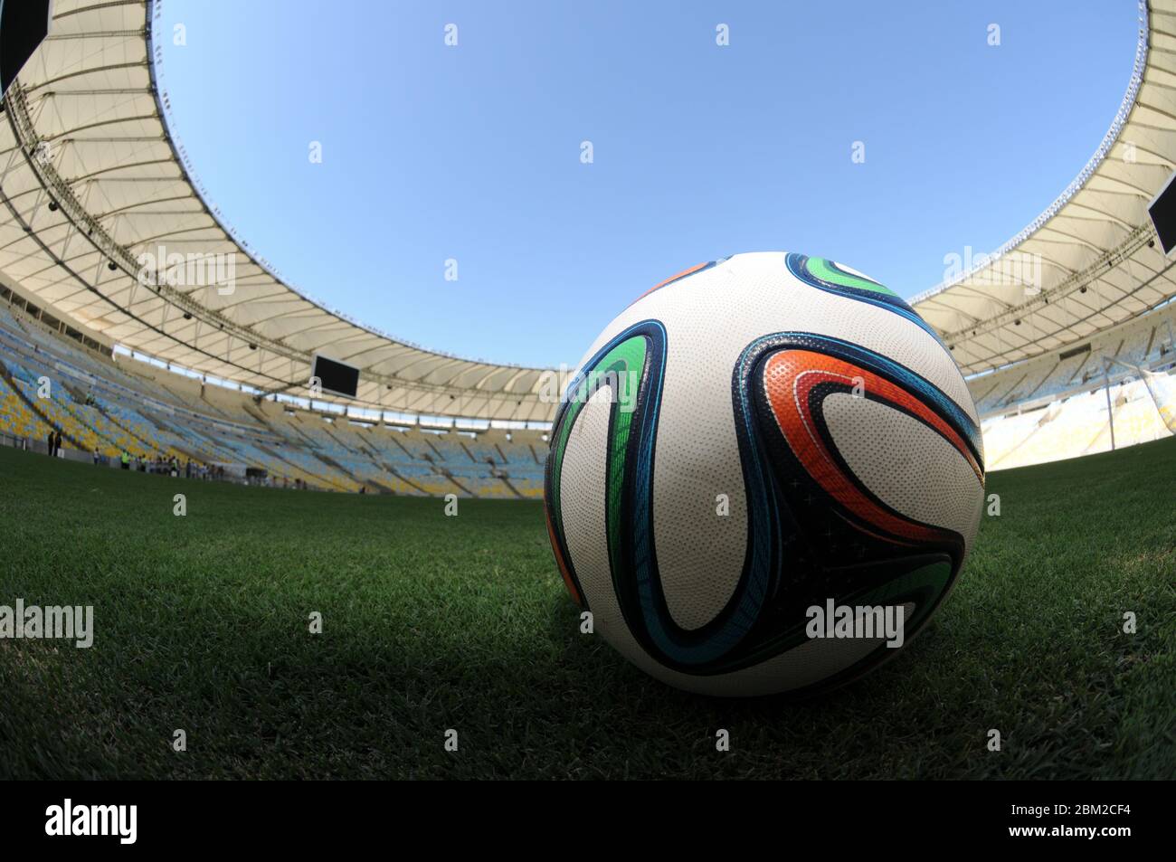 Brazuca ball on the field at MaracanÃ?Â£ Stadium on 92 days countdown for 2014 FIFA World Cup Brazil. Stock Photo