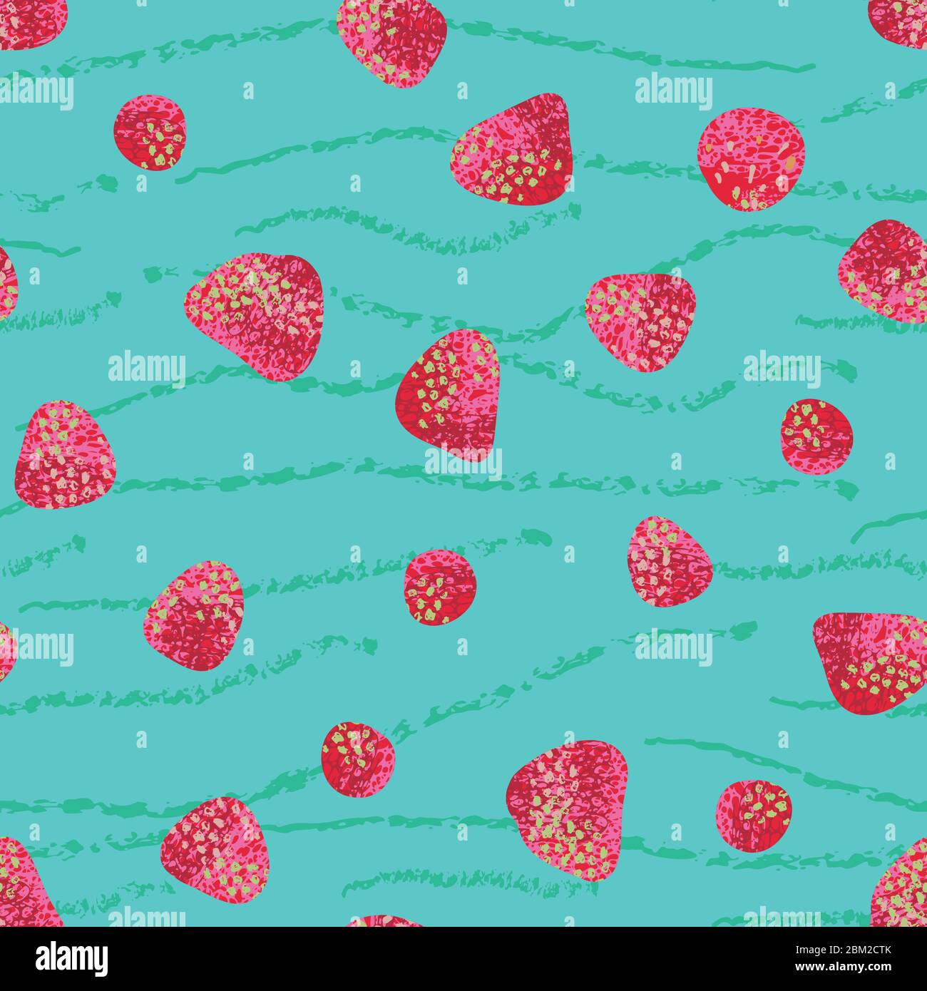 red strawberries seamless vector pattern on a teal background Stock Vector