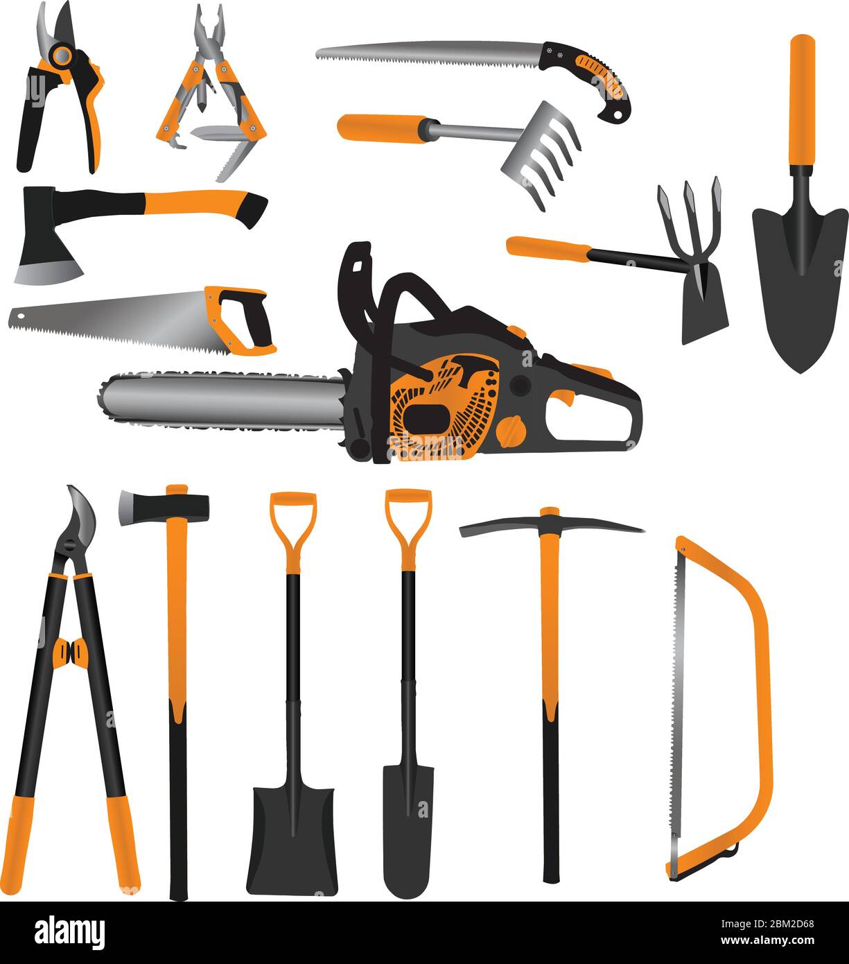 Gardening handle tools set including chainsaw, handsaws, scissors, ax hatchet, spade, rake, pickax and multifunction tools collection Stock Vector