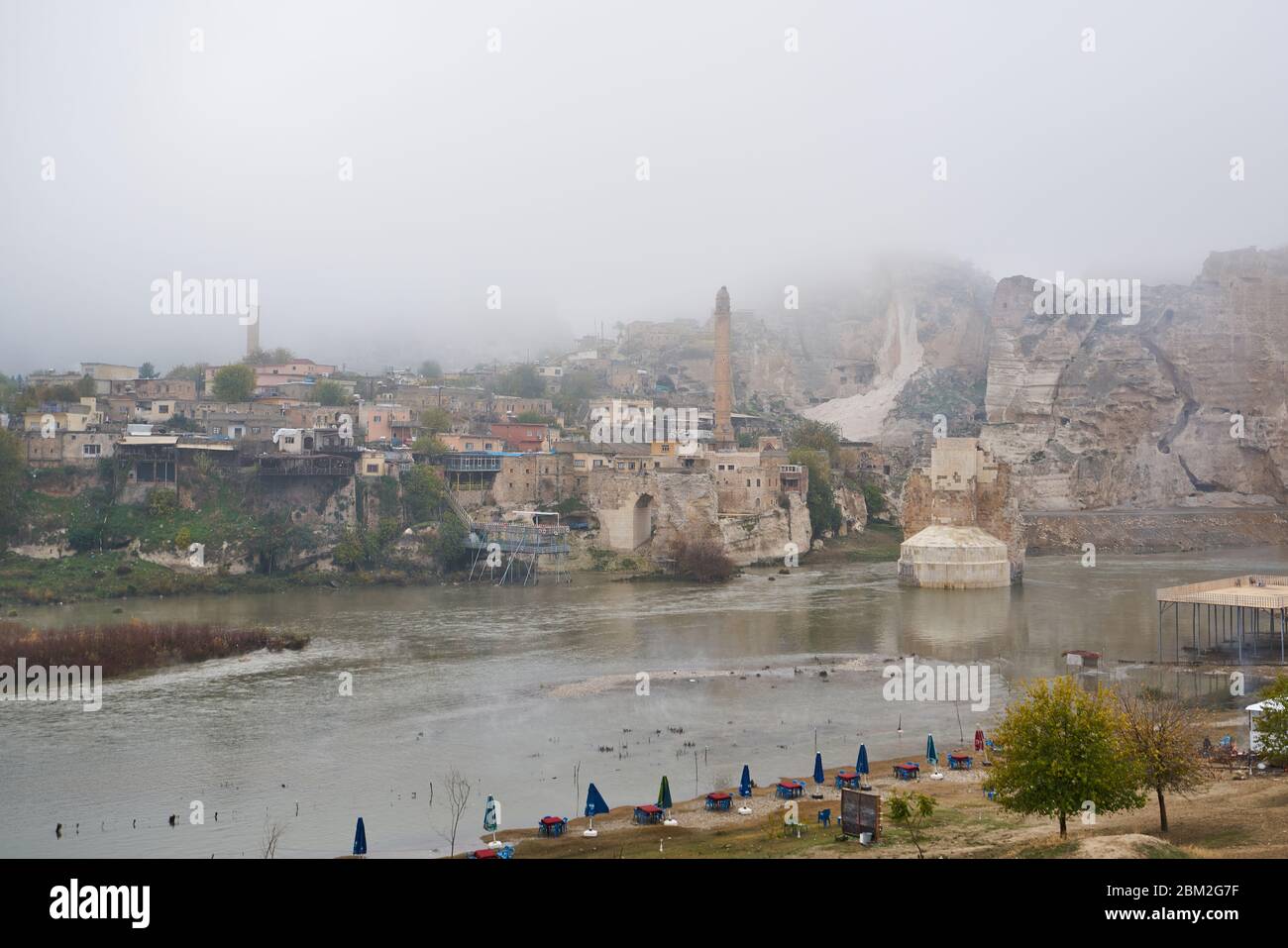 Panorama of Hasankeyf before collapsing under waters of dam. Old city located along Tigris River, Batman, Turkey. Stock Photo