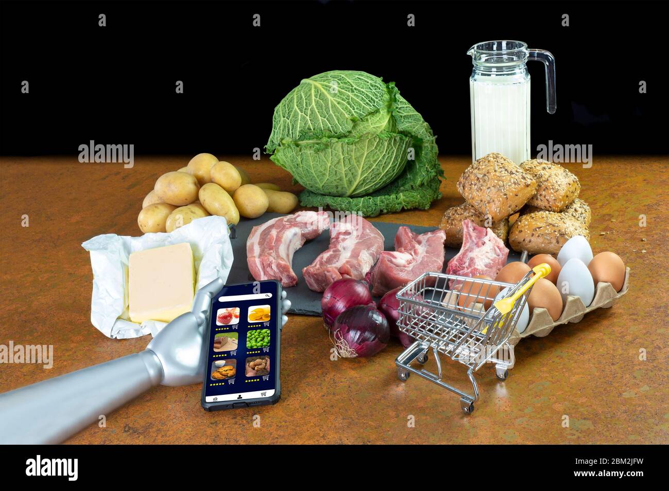 Food for basic needs. A robot arm orders via app on the smartphone. App is fictitious and royalty free. Artificial intelligence while shopping. Stock Photo