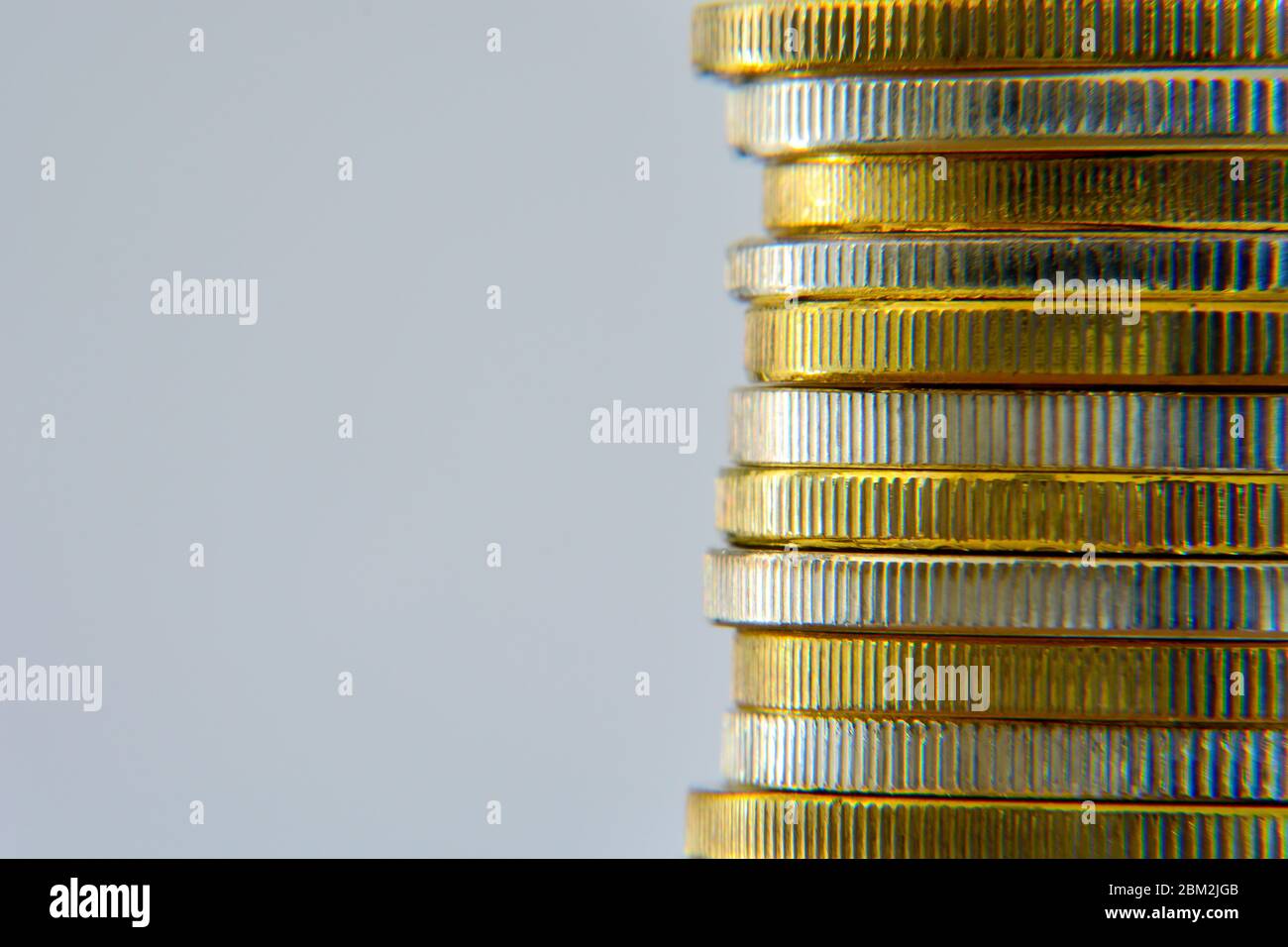 Close-up stack golden and silver cryptocurrencies coins. New virtual money coins. Crypto, financial, business growth concept. Space for text. Stock Photo