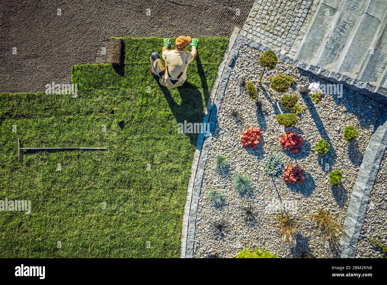 Aerial View Of Male Gardener Laying Rolls Of Sod In Large Area Of Residential Backyard. Stock Photo