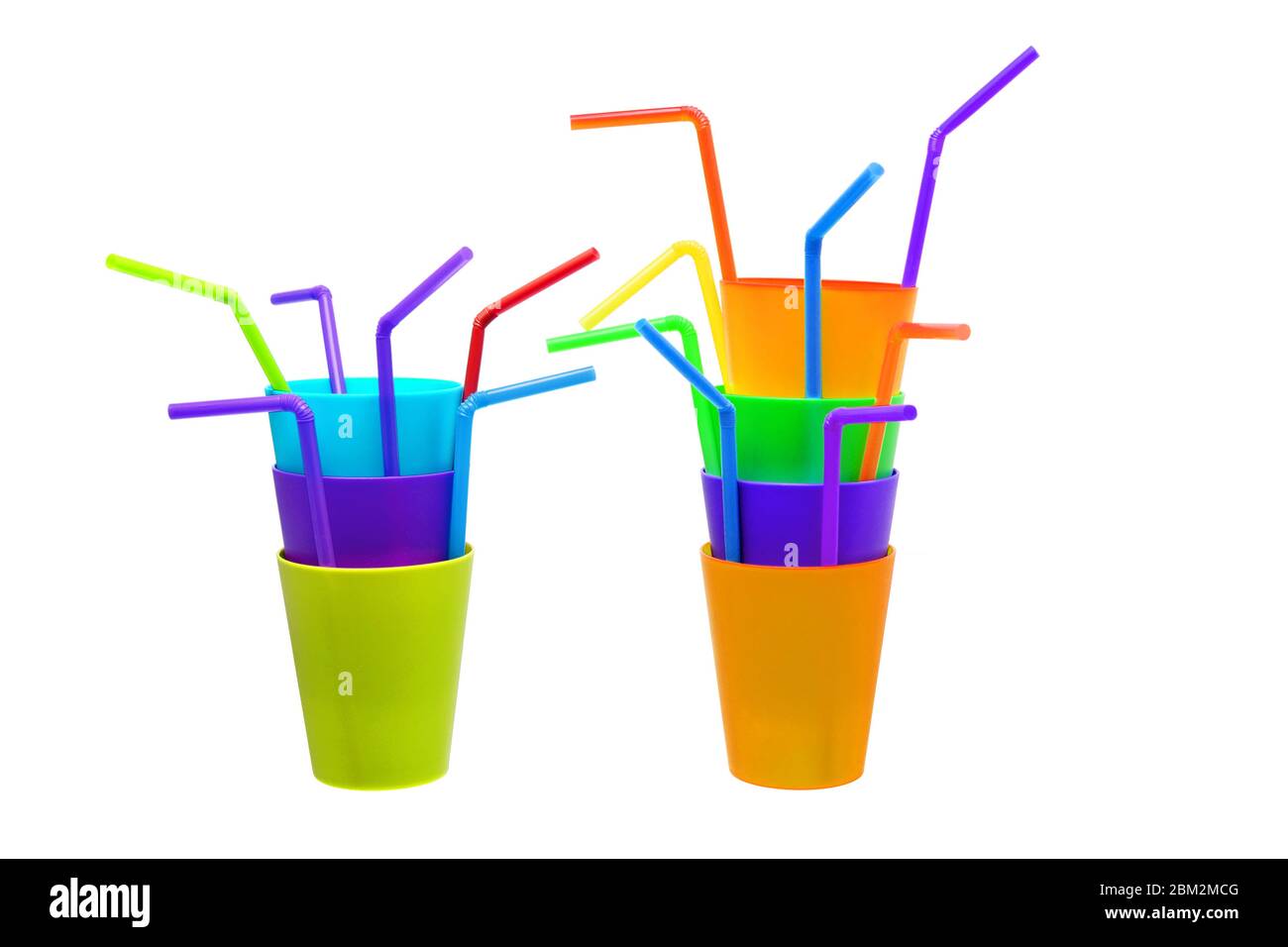 Plastic Cups and Straws on White Background Stock Photo