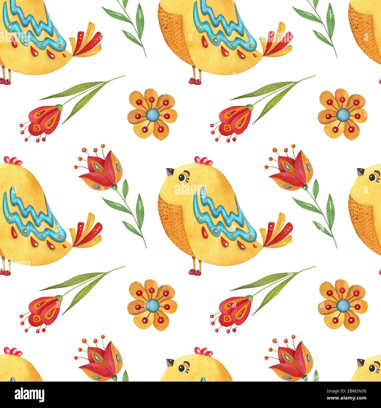 Watercolor seamless pattern with birds and flowers. Cute hand-drawn ...