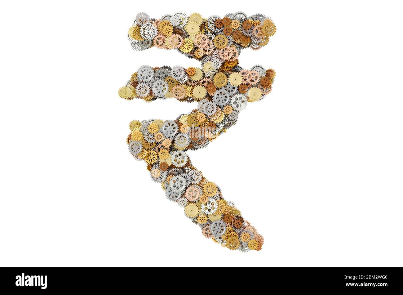 Rupee symbol from cogwheels, 3D rendering isolated on white background Stock Photo