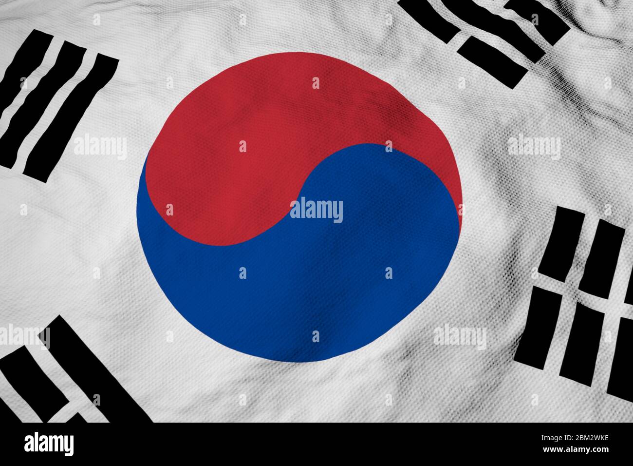 Full frame close-up on a waving South Korean flag in 3D rendering. Stock Photo