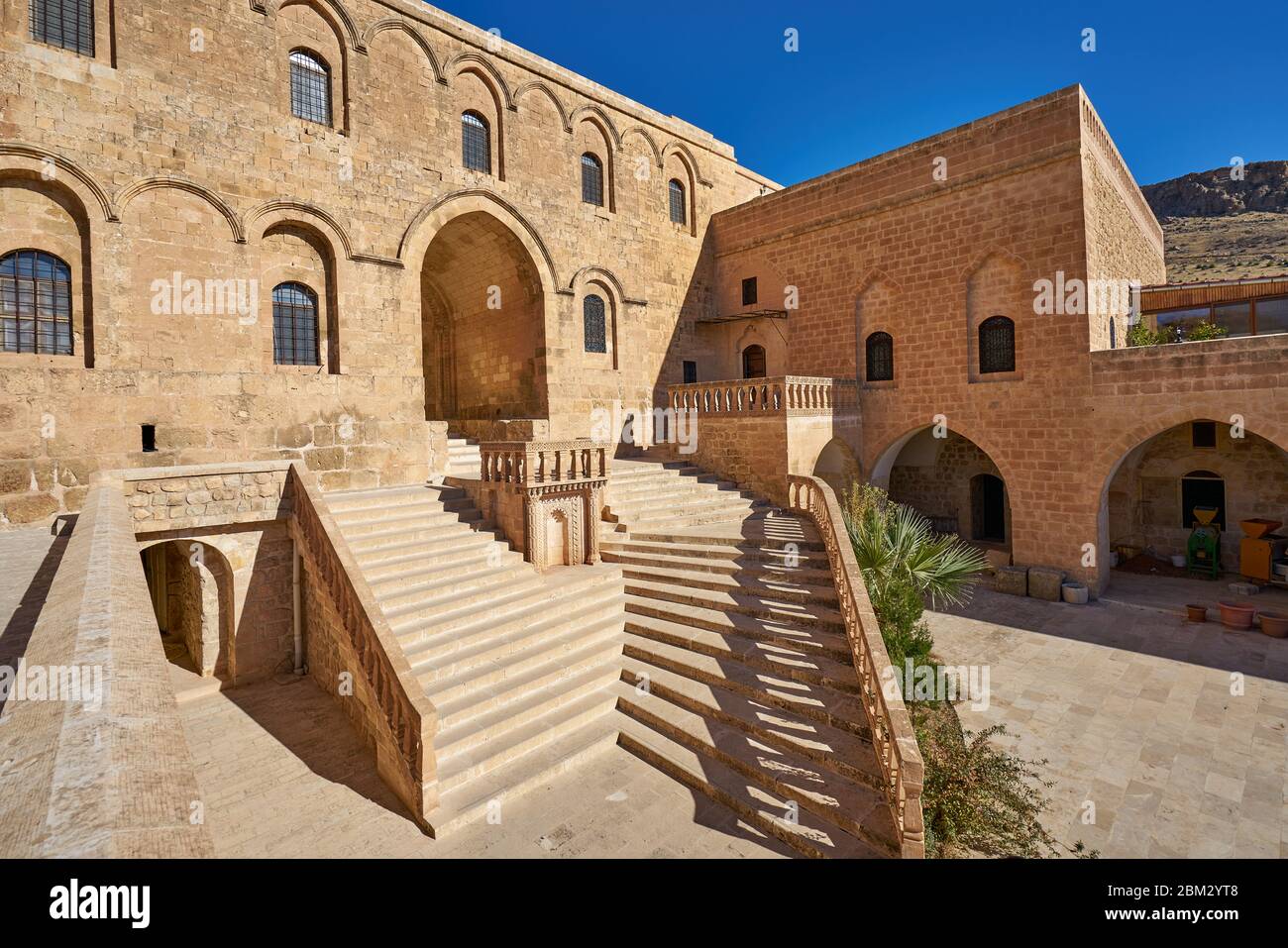 Entrance and courtyarda of Mor Hananyo Monastery (Deyrulzafaran Manastiri), Mardin, Turkey Stock Photo