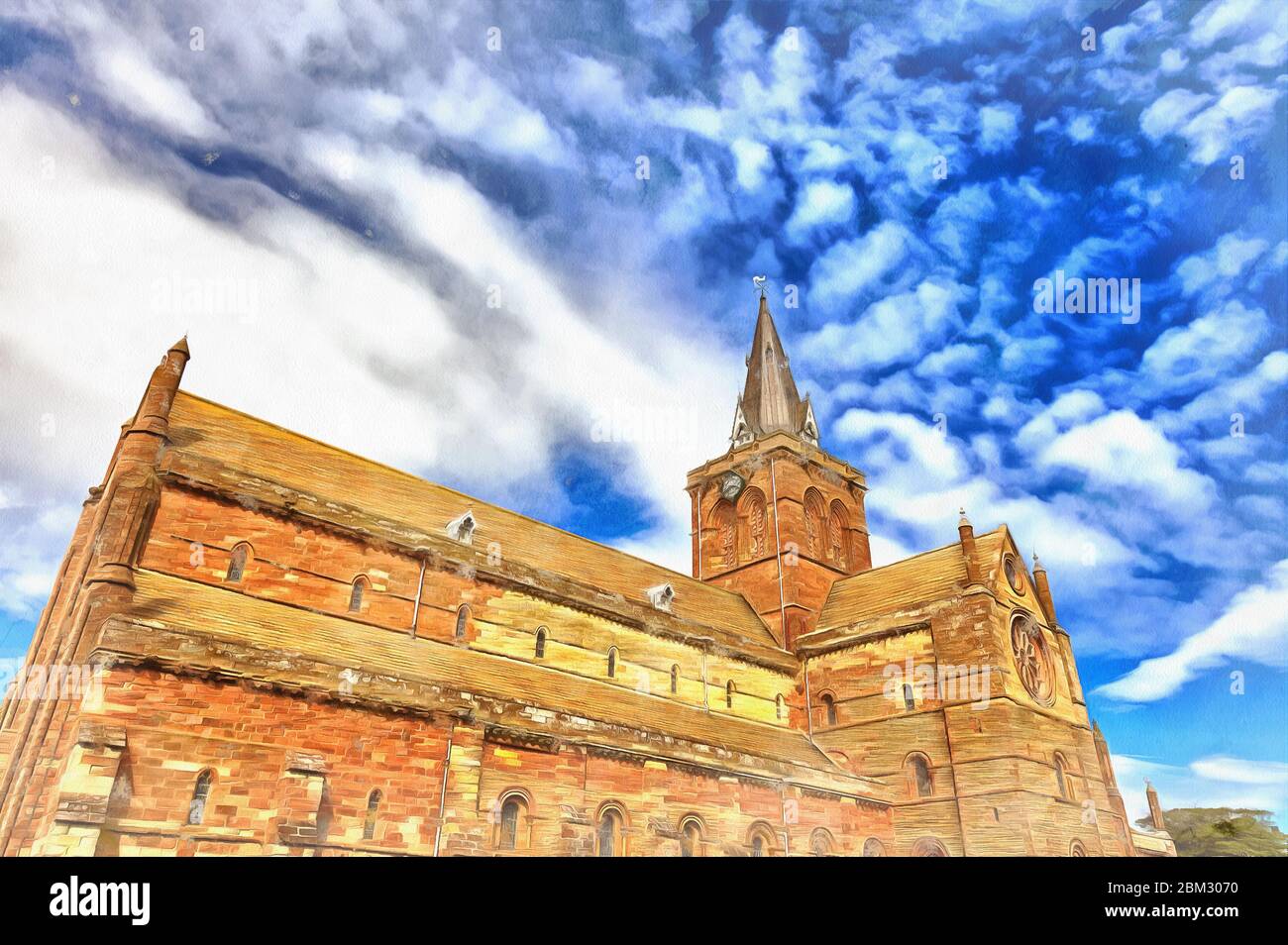 Beautiful view on ancient church colorful painting looks like picture, Orkney islands, Scotland, UK Stock Photo