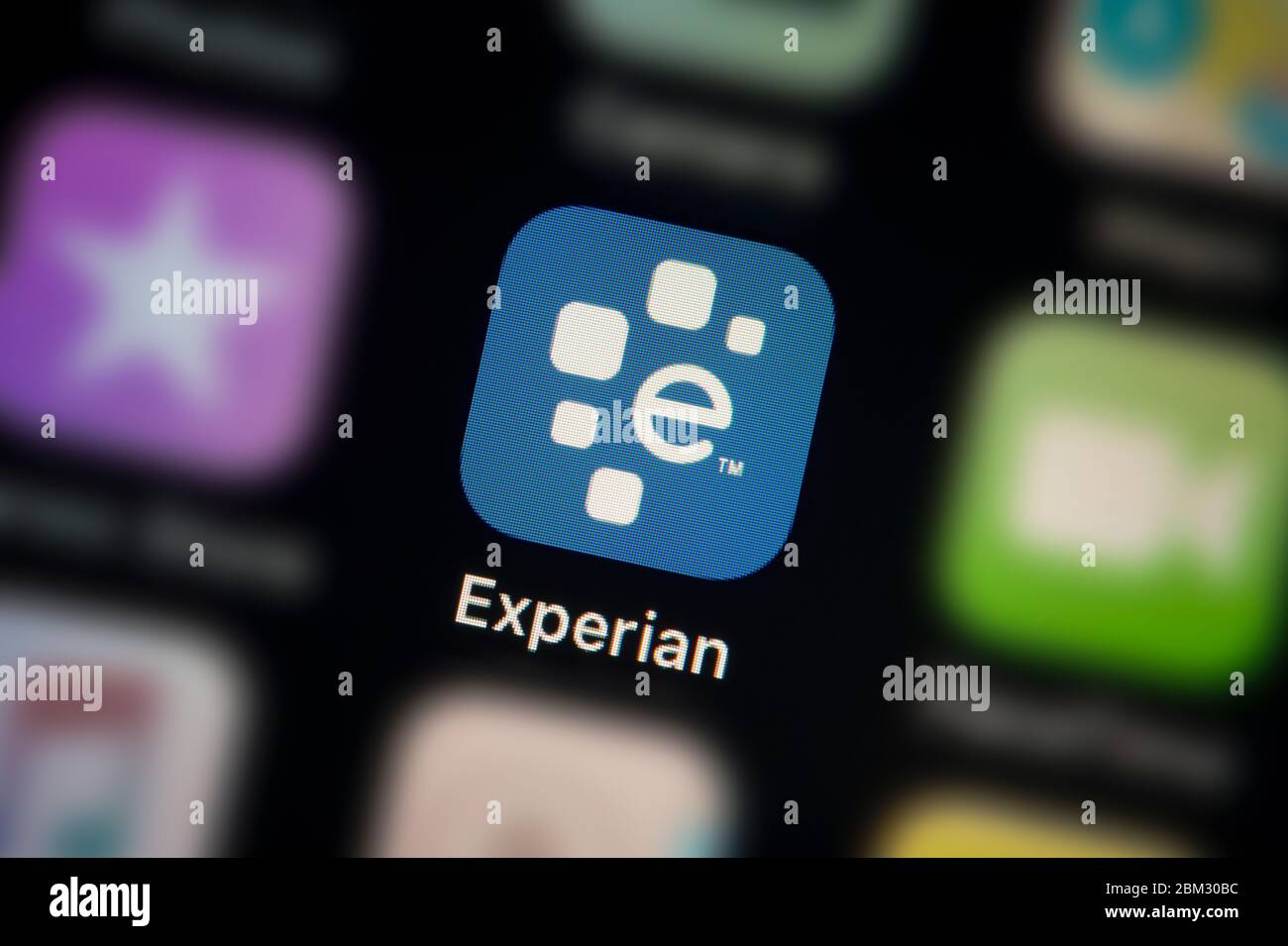 A close-up shot of the Experian app icon, as seen on the screen of a smart phone (Editorial use only) Stock Photo